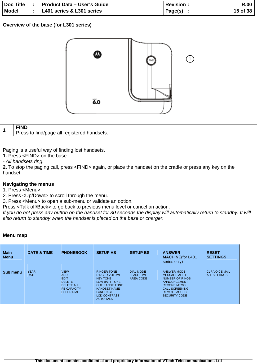   Doc Title  :  Product Data – User’s Guide  Revision :    R.00Model   :  L401 series &amp; L301 series  Page(s)  :    15 of 38  This document contains confidential and proprietary information of VTech Telecommunications Ltd   Overview of the base (for L301 series)                  1  FIND Press to find/page all registered handsets.   Paging is a useful way of finding lost handsets. 1. Press &lt;FIND&gt; on the base. - All handsets ring. 2. To stop the paging call, press &lt;FIND&gt; again, or place the handset on the cradle or press any key on the handset.  Navigating the menus 1. Press &lt;Menu&gt;. 2. Press &lt;Up/Down&gt; to scroll through the menu. 3. Press &lt;Menu&gt; to open a sub-menu or validate an option. Press &lt;Talk off/Back&gt; to go back to previous menu level or cancel an action. If you do not press any button on the handset for 30 seconds the display will automatically return to standby. It will also return to standby when the handset is placed on the base or charger.   Menu map               Main Menu  DATE &amp; TIME  PHONEBOOK  SETUP HS  SETUP BS  ANSWER MACHINE(for L401 series only) RESET SETTINGS              Sub menu  YEAR DATE  VIEW ADD EDIT DELETE DELETE ALL PB CAPACITY SPEED DIAL RINGER TONE RINGER VOLUME KEY TONE LOW BATT TONE OUT RANGE TONE HANDSET NAME LANGUAGE LCD CONTRAST AUTO TALK  DIAL MODE FLASH TIME AREA CODE ANSWER MODE MESSAGE ALERT NUMBER OF RINGS ANNOUNCEMENT RECORD MEMO CALL SCREENING REMOTE ACCESS SECURITY CODE CLR VOICE MAIL ALL SETTINGS  1 