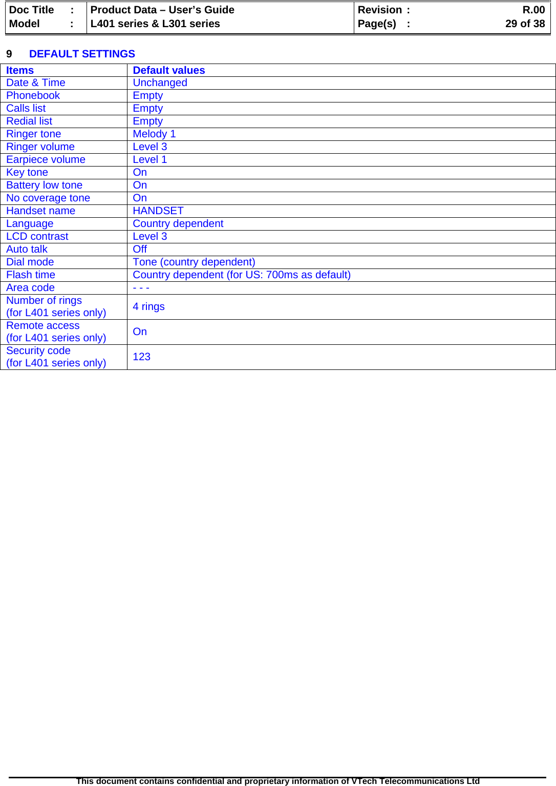   Doc Title  :  Product Data – User’s Guide  Revision :    R.00Model   :  L401 series &amp; L301 series  Page(s)  :    29 of 38  This document contains confidential and proprietary information of VTech Telecommunications Ltd   9  DEFAULT SETTINGS Items Default values Date &amp; Time  Unchanged Phonebook Empty Calls list  Empty Redial list  Empty Ringer tone  Melody 1 Ringer volume  Level 3 Earpiece volume  Level 1 Key tone  On Battery low tone  On No coverage tone  On Handset name  HANDSET Language Country dependent LCD contrast  Level 3 Auto talk  Off Dial mode  Tone (country dependent) Flash time  Country dependent (for US: 700ms as default) Area code  - - - Number of rings  (for L401 series only)  4 rings Remote access  (for L401 series only)  On Security code  (for L401 series only)  123 