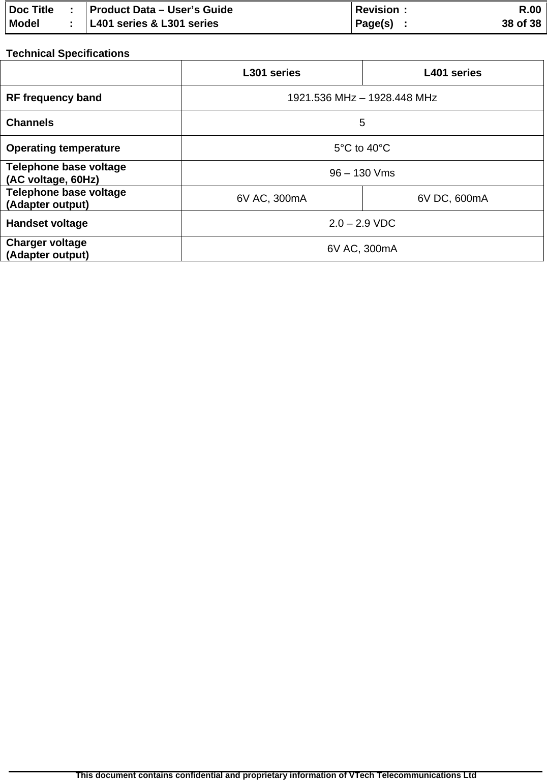   Doc Title  :  Product Data – User’s Guide  Revision :    R.00Model   :  L401 series &amp; L301 series  Page(s)  :    38 of 38  This document contains confidential and proprietary information of VTech Telecommunications Ltd   Technical Specifications  L301 series  L401 series RF frequency band  1921.536 MHz – 1928.448 MHz Channels  5 Operating temperature  5°C to 40°C Telephone base voltage  (AC voltage, 60Hz)  96 – 130 Vms Telephone base voltage (Adapter output)  6V AC, 300mA  6V DC, 600mA Handset voltage  2.0 – 2.9 VDC Charger voltage (Adapter output)  6V AC, 300mA  