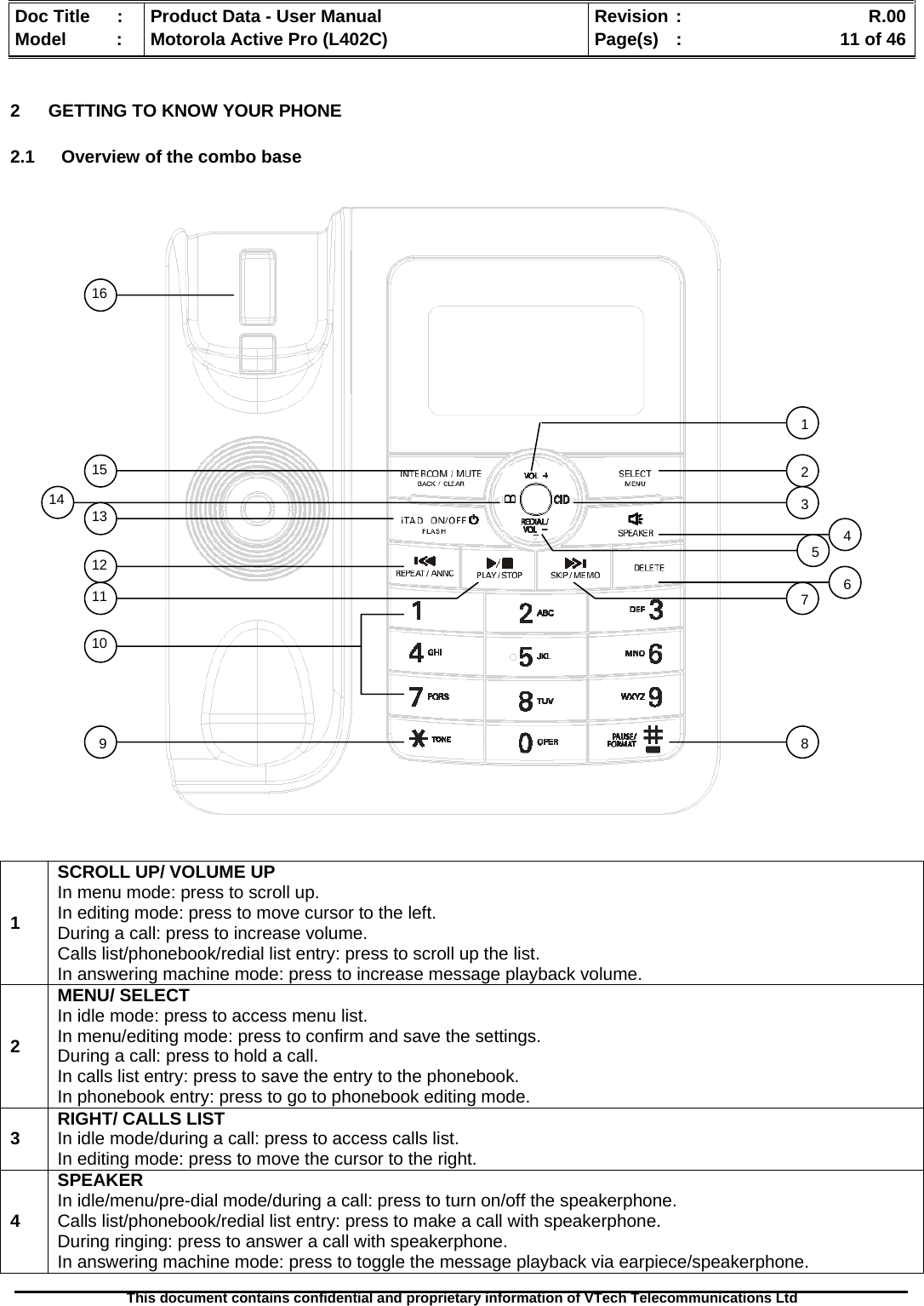   Doc Title  :  Product Data - User Manual  Revision :    R.00Model   :  Motorola Active Pro (L402C)  Page(s)  :    11 of 46  This document contains confidential and proprietary information of VTech Telecommunications Ltd   2  GETTING TO KNOW YOUR PHONE  2.1  Overview of the combo base                                   1 SCROLL UP/ VOLUME UP In menu mode: press to scroll up. In editing mode: press to move cursor to the left. During a call: press to increase volume. Calls list/phonebook/redial list entry: press to scroll up the list. In answering machine mode: press to increase message playback volume. 2 MENU/ SELECT In idle mode: press to access menu list. In menu/editing mode: press to confirm and save the settings. During a call: press to hold a call.  In calls list entry: press to save the entry to the phonebook. In phonebook entry: press to go to phonebook editing mode. 3  RIGHT/ CALLS LIST In idle mode/during a call: press to access calls list. In editing mode: press to move the cursor to the right. 4 SPEAKER In idle/menu/pre-dial mode/during a call: press to turn on/off the speakerphone. Calls list/phonebook/redial list entry: press to make a call with speakerphone. During ringing: press to answer a call with speakerphone. In answering machine mode: press to toggle the message playback via earpiece/speakerphone. 12345678910 11 12 13 14 15 16 