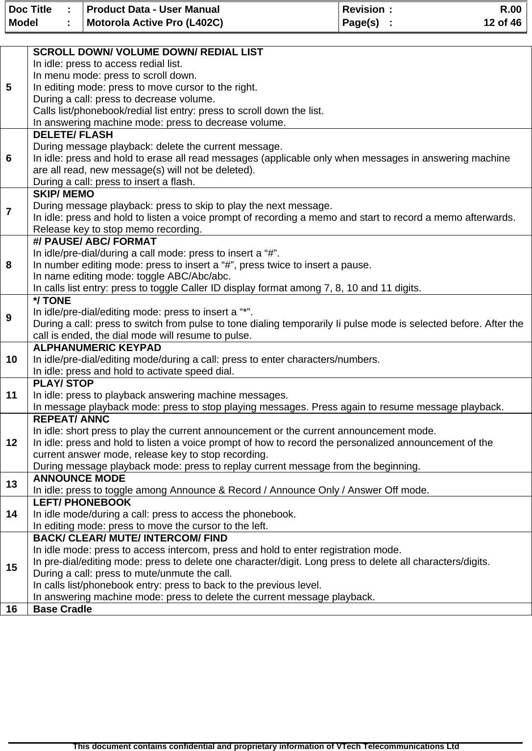   Doc Title  :  Product Data - User Manual  Revision :    R.00Model   :  Motorola Active Pro (L402C)  Page(s)  :    12 of 46  This document contains confidential and proprietary information of VTech Telecommunications Ltd   5 SCROLL DOWN/ VOLUME DOWN/ REDIAL LIST In idle: press to access redial list. In menu mode: press to scroll down. In editing mode: press to move cursor to the right. During a call: press to decrease volume. Calls list/phonebook/redial list entry: press to scroll down the list. In answering machine mode: press to decrease volume. 6 DELETE/ FLASH During message playback: delete the current message. In idle: press and hold to erase all read messages (applicable only when messages in answering machine are all read, new message(s) will not be deleted). During a call: press to insert a flash. 7 SKIP/ MEMO During message playback: press to skip to play the next message. In idle: press and hold to listen a voice prompt of recording a memo and start to record a memo afterwards.  Release key to stop memo recording. 8 #/ PAUSE/ ABC/ FORMAT In idle/pre-dial/during a call mode: press to insert a “#”. In number editing mode: press to insert a “#”, press twice to insert a pause. In name editing mode: toggle ABC/Abc/abc. In calls list entry: press to toggle Caller ID display format among 7, 8, 10 and 11 digits. 9 */ TONE In idle/pre-dial/editing mode: press to insert a “*”. During a call: press to switch from pulse to tone dialing temporarily Ii pulse mode is selected before. After the call is ended, the dial mode will resume to pulse. 10  ALPHANUMERIC KEYPAD In idle/pre-dial/editing mode/during a call: press to enter characters/numbers.  In idle: press and hold to activate speed dial. 11  PLAY/ STOP In idle: press to playback answering machine messages. In message playback mode: press to stop playing messages. Press again to resume message playback. 12 REPEAT/ ANNC In idle: short press to play the current announcement or the current announcement mode.  In idle: press and hold to listen a voice prompt of how to record the personalized announcement of the current answer mode, release key to stop recording. During message playback mode: press to replay current message from the beginning. 13  ANNOUNCE MODE In idle: press to toggle among Announce &amp; Record / Announce Only / Answer Off mode. 14  LEFT/ PHONEBOOK In idle mode/during a call: press to access the phonebook. In editing mode: press to move the cursor to the left. 15 BACK/ CLEAR/ MUTE/ INTERCOM/ FIND In idle mode: press to access intercom, press and hold to enter registration mode. In pre-dial/editing mode: press to delete one character/digit. Long press to delete all characters/digits. During a call: press to mute/unmute the call. In calls list/phonebook entry: press to back to the previous level. In answering machine mode: press to delete the current message playback. 16 Base Cradle           