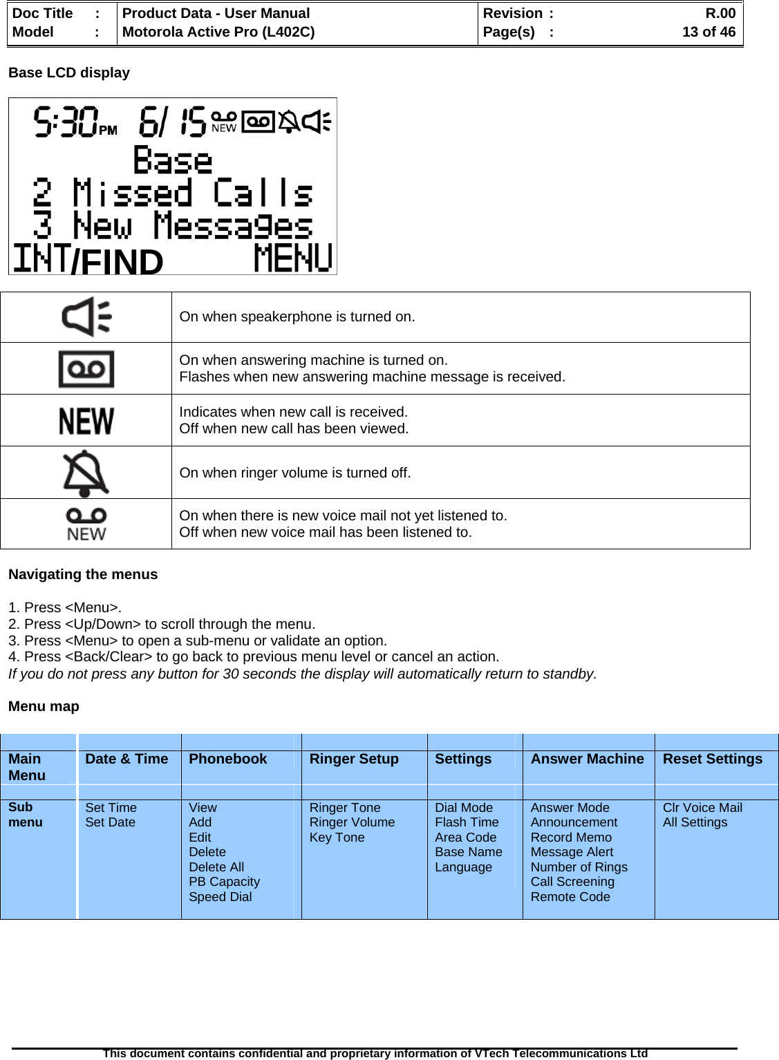   Doc Title  :  Product Data - User Manual  Revision :    R.00Model   :  Motorola Active Pro (L402C)  Page(s)  :    13 of 46  This document contains confidential and proprietary information of VTech Telecommunications Ltd   Base LCD display     On when speakerphone is turned on.  On when answering machine is turned on.  Flashes when new answering machine message is received.  Indicates when new call is received.  Off when new call has been viewed.  On when ringer volume is turned off.   On when there is new voice mail not yet listened to.  Off when new voice mail has been listened to.  Navigating the menus  1. Press &lt;Menu&gt;. 2. Press &lt;Up/Down&gt; to scroll through the menu. 3. Press &lt;Menu&gt; to open a sub-menu or validate an option. 4. Press &lt;Back/Clear&gt; to go back to previous menu level or cancel an action. If you do not press any button for 30 seconds the display will automatically return to standby.  Menu map               Main Menu  Date &amp; Time  Phonebook  Ringer Setup  Settings  Answer Machine  Reset Settings              Sub menu  Set Time Set Date  View Add Edit Delete Delete All PB Capacity Speed Dial  Ringer Tone Ringer Volume Key Tone  Dial Mode Flash Time Area Code Base Name Language  Answer Mode Announcement Record Memo Message Alert Number of Rings Call Screening Remote Code Clr Voice Mail All Settings        /FIND 