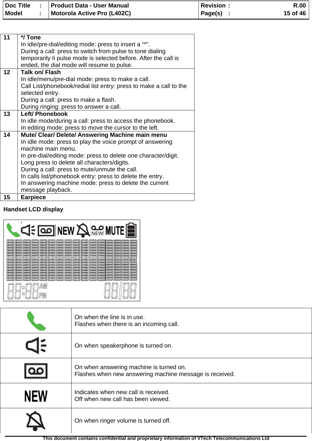   Doc Title  :  Product Data - User Manual  Revision :    R.00Model   :  Motorola Active Pro (L402C)  Page(s)  :    15 of 46  This document contains confidential and proprietary information of VTech Telecommunications Ltd                             Handset LCD display     On when the line is in use. Flashes when there is an incoming call.  On when speakerphone is turned on.  On when answering machine is turned on.  Flashes when new answering machine message is received.  Indicates when new call is received.  Off when new call has been viewed.  On when ringer volume is turned off.  11 */ Tone In idle/pre-dial/editing mode: press to insert a “*”. During a call: press to switch from pulse to tone dialing temporarily Ii pulse mode is selected before. After the call is ended, the dial mode will resume to pulse. 12  Talk on/ Flash In idle/menu/pre-dial mode: press to make a call. Call List/phonebook/redial list entry: press to make a call to the selected entry. During a call: press to make a flash. During ringing: press to answer a call. 13 Left/ Phonebook In idle mode/during a call: press to access the phonebook. In editing mode: press to move the cursor to the left. 14  Mute/ Clear/ Delete/ Answering Machine main menu In idle mode: press to play the voice prompt of answering machine main menu. In pre-dial/editing mode: press to delete one character/digit. Long press to delete all characters/digits. During a call: press to mute/unmute the call. In calls list/phonebook entry: press to delete the entry. In answering machine mode: press to delete the current message playback. 15 Earpiece 