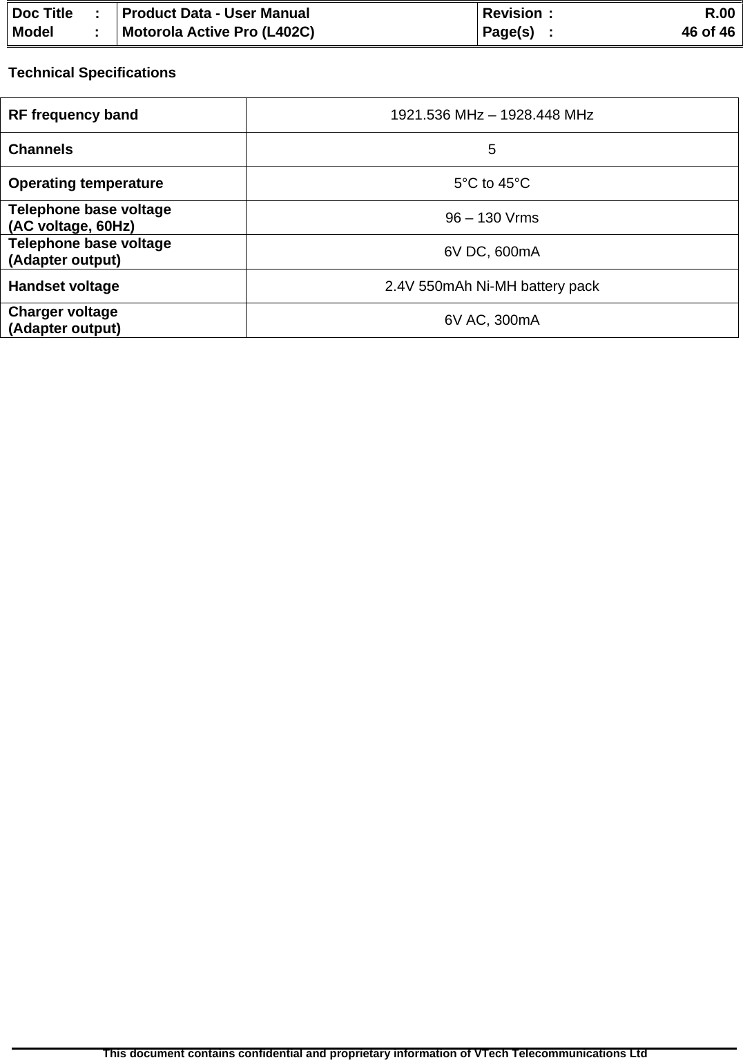   Doc Title  :  Product Data - User Manual  Revision :    R.00Model   :  Motorola Active Pro (L402C)  Page(s)  :    46 of 46  This document contains confidential and proprietary information of VTech Telecommunications Ltd   Technical Specifications  RF frequency band  1921.536 MHz – 1928.448 MHz Channels  5 Operating temperature  5°C to 45°C Telephone base voltage  (AC voltage, 60Hz)  96 – 130 Vrms Telephone base voltage (Adapter output)  6V DC, 600mA Handset voltage  2.4V 550mAh Ni-MH battery pack Charger voltage (Adapter output)  6V AC, 300mA  