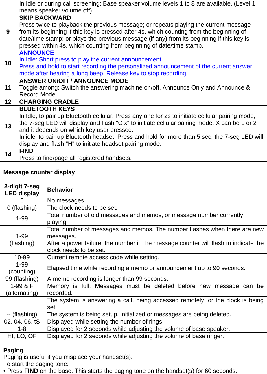 In Idle or during call screening: Base speaker volume levels 1 to 8 are available. (Level 1 means speaker volume off) 9 SKIP BACKWARD Press twice to playback the previous message; or repeats playing the current message from its beginning if this key is pressed after 4s, which counting from the beginning of date/time stamp; or plays the previous message (if any) from its beginning if this key is pressed within 4s, which counting from beginning of date/time stamp. 10 ANNOUNCE In Idle: Short press to play the current announcement.  Press and hold to start recording the personalized announcement of the current answer mode after hearing a long beep. Release key to stop recording. 11  ANSWER ON/OFF/ ANNOUNCE MODE Toggle among: Switch the answering machine on/off, Announce Only and Announce &amp; Record Mode 12 CHARGING CRADLE 13 BLUETOOTH KEYS In Idle, to pair up Bluetooth cellular: Press any one for 2s to initiate cellular pairing mode, the 7-seg LED will display and flash &quot;C x&quot; to initiate cellular pairing mode. X can be 1 or 2 and it depends on which key user pressed. In idle, to pair up Bluetooth headset: Press and hold for more than 5 sec, the 7-seg LED will display and flash &quot;H&quot; to initiate headset pairing mode. 14  FIND Press to find/page all registered handsets.  Message counter display  2-digit 7-seg LED display  Behavior 0 No messages. 0 (flashing)  The clock needs to be set. 1-99  Total number of old messages and memos, or message number currently playing. 1-99 (flashing) Total number of messages and memos. The number flashes when there are new messages. After a power failure, the number in the message counter will flash to indicate the clock needs to be set. 10-99  Current remote access code while setting. 1-99 (counting)  Elapsed time while recording a memo or announcement up to 90 seconds. 99 (flashing)  A memo recording is longer than 99 seconds. 1-99 &amp; F (alternating)  Memory is full. Messages must be deleted before new message can be recorded. --  The system is answering a call, being accessed remotely, or the clock is being set. -- (flashing)  The system is being setup, initialized or messages are being deleted. 02, 04, 06, tS  Displayed while setting the number of rings. 1-8  Displayed for 2 seconds while adjusting the volume of base speaker. HI, LO, OF  Displayed for 2 seconds while adjusting the volume of base ringer.  Paging Paging is useful if you misplace your handset(s).  To start the paging tone:  • Press FIND on the base. This starts the paging tone on the handset(s) for 60 seconds.   