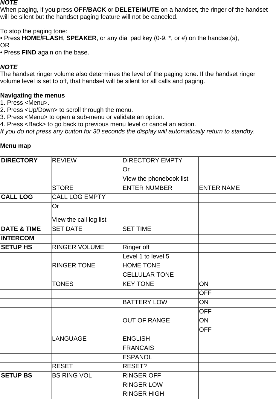 NOTE When paging, if you press OFF/BACK or DELETE/MUTE on a handset, the ringer of the handset will be silent but the handset paging feature will not be canceled.  To stop the paging tone: • Press HOME/FLASH, SPEAKER, or any dial pad key (0-9, *, or #) on the handset(s),  OR • Press FIND again on the base.  NOTE The handset ringer volume also determines the level of the paging tone. If the handset ringer volume level is set to off, that handset will be silent for all calls and paging.  Navigating the menus 1. Press &lt;Menu&gt;. 2. Press &lt;Up/Down&gt; to scroll through the menu. 3. Press &lt;Menu&gt; to open a sub-menu or validate an option. 4. Press &lt;Back&gt; to go back to previous menu level or cancel an action. If you do not press any button for 30 seconds the display will automatically return to standby.  Menu map  DIRECTORY  REVIEW DIRECTORY EMPTY    Or      View the phonebook list    STORE  ENTER NUMBER  ENTER NAME CALL LOG  CALL LOG EMPTY      Or       View the call log list     DATE &amp; TIME  SET DATE  SET TIME   INTERCOM      SETUP HS  RINGER VOLUME  Ringer off      Level 1 to level 5    RINGER TONE  HOME TONE     CELLULAR TONE   TONES   KEY TONE  ON     OFF   BATTERY LOW ON     OFF   OUT OF RANGE ON     OFF  LANGUAGE ENGLISH     FRANCAIS    ESPANOL   RESET RESET?   SETUP BS  BS RING VOL  RINGER OFF     RINGER LOW    RINGER HIGH  