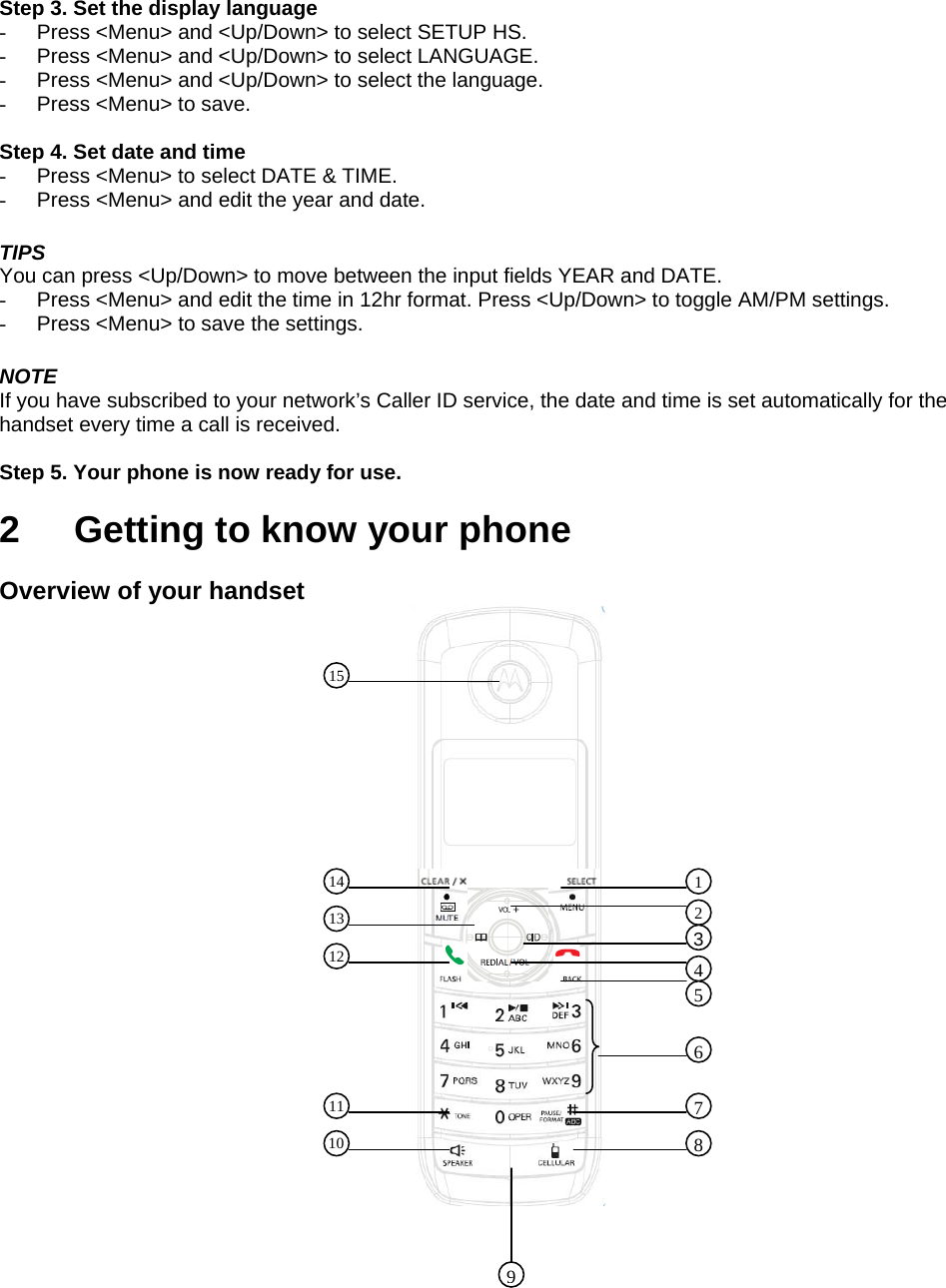 Step 3. Set the display language -  Press &lt;Menu&gt; and &lt;Up/Down&gt; to select SETUP HS. -  Press &lt;Menu&gt; and &lt;Up/Down&gt; to select LANGUAGE. -  Press &lt;Menu&gt; and &lt;Up/Down&gt; to select the language. -  Press &lt;Menu&gt; to save.  Step 4. Set date and time -  Press &lt;Menu&gt; to select DATE &amp; TIME. -  Press &lt;Menu&gt; and edit the year and date.  TIPS You can press &lt;Up/Down&gt; to move between the input fields YEAR and DATE. -  Press &lt;Menu&gt; and edit the time in 12hr format. Press &lt;Up/Down&gt; to toggle AM/PM settings. -  Press &lt;Menu&gt; to save the settings.  NOTE If you have subscribed to your network’s Caller ID service, the date and time is set automatically for the handset every time a call is received.  Step 5. Your phone is now ready for use.  2  Getting to know your phone  Overview of your handset                                      15 1234567814 13 12 11 10 9