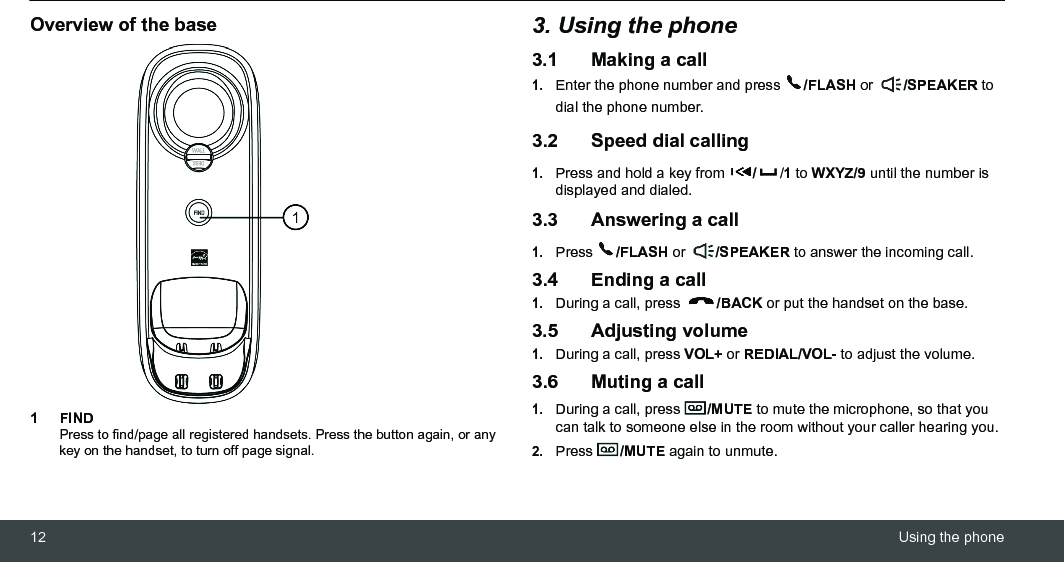 12 Using the phoneOverview of the base1FINDPress to find/page all registered handsets. Press the button again, or any key on the handset, to turn off page signal.3. Using the phone3.1 Making a call1.Enter the phone number and press  /FLASH or  /SPEAKER to dial the phone number.3.2 Speed dial calling1.Press and hold a key from  //1 to WXYZ/9 until the number is displayed and dialed.3.3 Answering a call1.Press  /FLASH or  /SPEAKER to answer the incoming call.3.4 Ending a call1.During a call, press  /BACK or put the handset on the base.3.5 Adjusting volume1.During a call, press VOL+ or REDIAL/VOL- to adjust the volume.3.6 Muting a call1.During a call, press  /MUTE to mute the microphone, so that you can talk to someone else in the room without your caller hearing you.2.Press  /MUTE again to unmute.