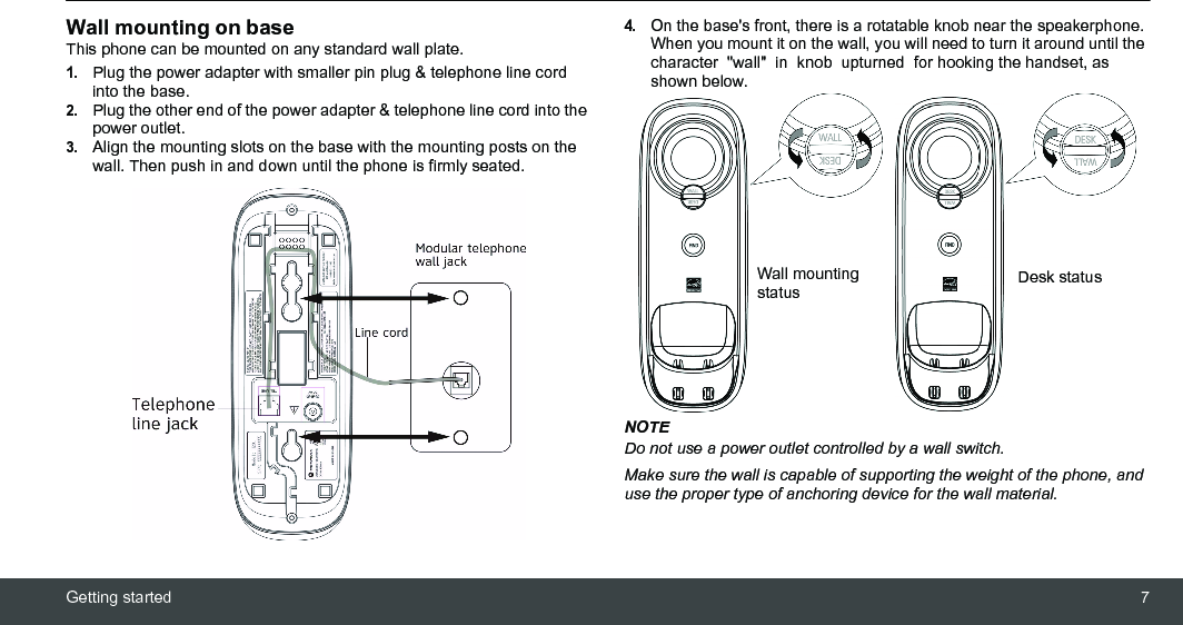 Getting started 7Wall mounting on baseThis phone can be mounted on any standard wall plate.1.Plug the power adapter with smaller pin plug &amp; telephone line cord into the base.2.Plug the other end of the power adapter &amp; telephone line cord into the power outlet.3.Align the mounting slots on the base with the mounting posts on the wall. Then push in and down until the phone is firmly seated.4.On the base&apos;s front, there is a rotatable knob near the speakerphone. When you mount it on the wall, you will need to turn it around until the character  &quot;wall&quot;  in  knob  upturned  for hooking the handset, as shown below.NOTEDo not use a power outlet controlled by a wall switch.Make sure the wall is capable of supporting the weight of the phone, and use the proper type of anchoring device for the wall material.Wall mounting status Desk status 