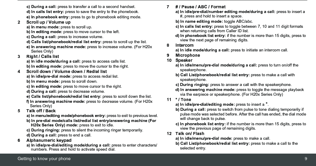 Getting to know your phone 9c) During a call: press to transfer a call to a second handset.d) In calls list entry: press to save the entry to the phonebook. e) In phonebook entry: press to go to phonebook editing mode.2 Scroll up / Volume upa) In menu mode: press to scroll up. b) In editing mode: press to move cursor to the left. c) During a call: press to increase volume. d) Calls list/phonebook/redial list entry: press to scroll up the list. e) In answering machine mode: press to increase volume. (For H20x Series Only)3 Right / Calls lista) In idle mode/during a call: press to access calls list. b) In editing mode: press to move the cursor to the right.4 Scroll down / Volume down / Redial lista) In idle/pre-dial mode: press to access redial list. b) In menu mode: press to scroll down. c) In editing mode: press to move cursor to the right. d) During a call: press to decrease volume. e) Calls list/phonebook/redial list entry: press to scroll down the list. f) In answering machine mode: press to decrease volume. (For H20x Series Only)5 Talk off / Backa) In menu/editing mode/phonebook entry: press to exit to previous level.b) In pre-dial mode/calls list/redial list entry/answering machine (For H20x Series Only) mode: press to exit to idle. c) During ringing: press to silent the incoming ringer temporarily.d) During a call: press to end a call.6 Alphanumeric keypada) In idle/pre-dial/editing mode/during a call: press to enter characters/numbers. Press and hold to activate speed dial.7 # / Pause / ABC / Formata) In idle/pre-dial/number editing mode/during a call: press to insert a #, press and hold to insert a space.b) In name editing mode: toggle ABC/abc. c) In calls list entry: press to toggle between 7, 10 and 11 digit formats when returning calls from Caller ID list.d) In phonebook list entry: if the number is more than 15 digits, press to view the next page of remaining digits.8Intercoma) In idle mode/during a call: press to initiate an intercom call.9 Microphone10 Speakera) In idle/menu/pre-dial mode/during a call: press to turn on/off the speakerphone. b) Call List/phonebook/redial list entry: press to make a call with speakerphone. c) During ringing: press to answer a call with the speakerphone. d) In answering machine mode: press to toggle the message playback via the earpiece or speakerphone. (For H20x Series Only)11 * / Tonea) In idle/pre-dial/editing mode: press to insert a *. b) During a call: press to switch from pulse to tone dialing temporarily if pulse mode was selected before. After the call has ended, the dial mode will change back to pulse.c) In phonebook list entry: if the number is more than 15 digits, press to view the previous page of remaining digits.12 Talk on/ Flasha) In idle/menu/pre-dial mode: press to make a call. b) Call List/phonebook/redial list entry: press to make a call to the selected entry. 