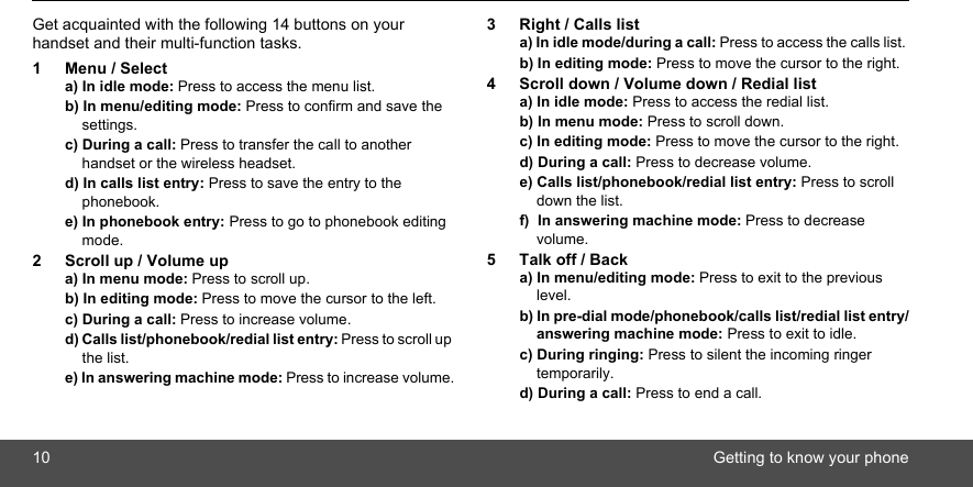 10 Getting to know your phoneGet acquainted with the following 14 buttons on your handset and their multi-function tasks.1 Menu / Selecta) In idle mode: Press to access the menu list.b) In menu/editing mode: Press to confirm and save the  settings.c) During a call: Press to transfer the call to another handset or the wireless headset.d) In calls list entry: Press to save the entry to the phonebook. e) In phonebook entry: Press to go to phonebook editing mode.2 Scroll up / Volume upa) In menu mode: Press to scroll up. b) In editing mode: Press to move the cursor to the left. c) During a call: Press to increase volume. d) Calls list/phonebook/redial list entry: Press to scroll up the list. e) In answering machine mode: Press to increase volume.3 Right / Calls lista) In idle mode/during a call: Press to access the calls list. b) In editing mode: Press to move the cursor to the right.4 Scroll down / Volume down / Redial lista) In idle mode: Press to access the redial list. b) In menu mode: Press to scroll down. c) In editing mode: Press to move the cursor to the right. d) During a call: Press to decrease volume. e) Calls list/phonebook/redial list entry: Press to scroll down the list. f)  In answering machine mode: Press to decrease volume.5 Talk off / Backa) In menu/editing mode: Press to exit to the previous level.b) In pre-dial mode/phonebook/calls list/redial list entry/answering machine mode: Press to exit to idle. c) During ringing: Press to silent the incoming ringer temporarily.d) During a call: Press to end a call.