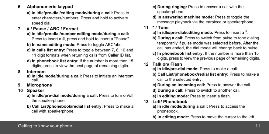 Getting to know your phone 116 Alphanumeric keypada) In idle/pre-dial/editing mode/during a call: Press to enter characters/numbers. Press and hold to activate speed dial.7 # / Pause / ABC / Formata) In idle/pre-dial/number editing mode/during a call: Press to insert a #, press and hold to insert a &quot;Pause&quot;.b) In name editing mode: Press to toggle ABC/abc. c) In calls list entry: Press to toggle between 7, 8, 10 and 11 digit formats when returning calls from Caller ID list.d) In phonebook list entry: If the number is more than 15 digits, press to view the next page of remaining digits.8 Intercoma) In idle mode/during a call: Press to initiate an intercom call.9 Microphone10 Speakera) In idle/pre-dial mode/during a call: Press to turn on/off the speakerphone. b) Call List/phonebook/redial list entry: Press to make a call with speakerphone. c) During ringing: Press to answer a call with the speakerphone. d) In answering machine mode: Press to toggle the message playback via the earpiece or speakerphone.11 * / Tonea) In idle/pre-dial/editing mode: Press to insert a *. b) During a call: Press to switch from pulse to tone dialing temporarily if pulse mode was selected before. After the call has ended, the dial mode will change back to pulse.c) In phonebook list entry: If the number is more than 15 digits, press to view the previous page of remaining digits.12 Talk on/ Flasha) In idle/pre-dial mode: Press to make a call. b) Call List/phonebook/redial list entry: Press to make a call to the selected entry. c) During an incoming call: Press to answer the call. d) During a call: Press to switch to another call.e) In editing mode: Press to insert a flash.13 Left/ Phonebooka) In idle mode/during a call: Press to access the phonebook. b) In editing mode: Press to move the cursor to the left.