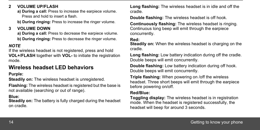 14 Getting to know your phone2 VOLUME UP/FLASHa) During a call: Press to increase the earpiece volume. Press and hold to insert a flash.b) During ringing: Press to increase the ringer volume.3 VOLUME DOWNa) During a call: Press to decrease the earpiece volume.b) During ringing: Press to decrease the ringer volume.NOTEIf the wireless headset is not registered, press and hold VOL+/FLASH together with VOL- to initiate the registration mode.Wireless headset LED behaviorsPurple:Steadily on: The wireless headset is unregistered.Flashing: The wireless headset is registered but the base is not available (searching or out of range).Blue:Steadily on: The battery is fully charged during the headset on cradle.Long flashing: The wireless headset is in idle and off the cradle.Double flashing: The wireless headset is off hook.Continuously flashing: The wireless headset is ringing. Continuous long beep will emit through the earpiece concurrently.Red:Steadily on: When the wireless headset is charging on the cradle.Long flashing: Low battery indication during off the cradle. Double beeps will emit concurrently.Double flashing: Low battery indication during off hook. Double beeps will emit concurrently.Triple flashing: When powering on /off the wireless headset. Three short beeps will emit through the earpiece before powering on/off.Red/Blue: Toggling display: The wireless headset is in registration mode. When the headset is registered successfully, the headset will beep for around 3 seconds.