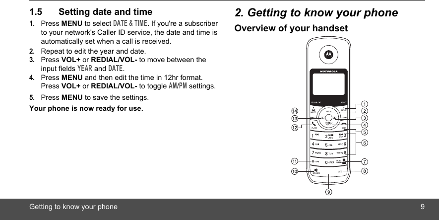 Getting to know your phone 91.5 Setting date and time1.Press MENU to select DATE &amp; TIME. If you&apos;re a subscriber to your network&apos;s Caller ID service, the date and time is automatically set when a call is received.2.Repeat to edit the year and date.3.Press VOL+ or REDIAL/VOL- to move between the input fields YEAR and DATE.4.Press MENU and then edit the time in 12hr format. Press VOL+ or REDIAL/VOL- to toggle AM/PM settings.5.Press MENU to save the settings.Your phone is now ready for use.2. Getting to know your phoneOverview of your handset