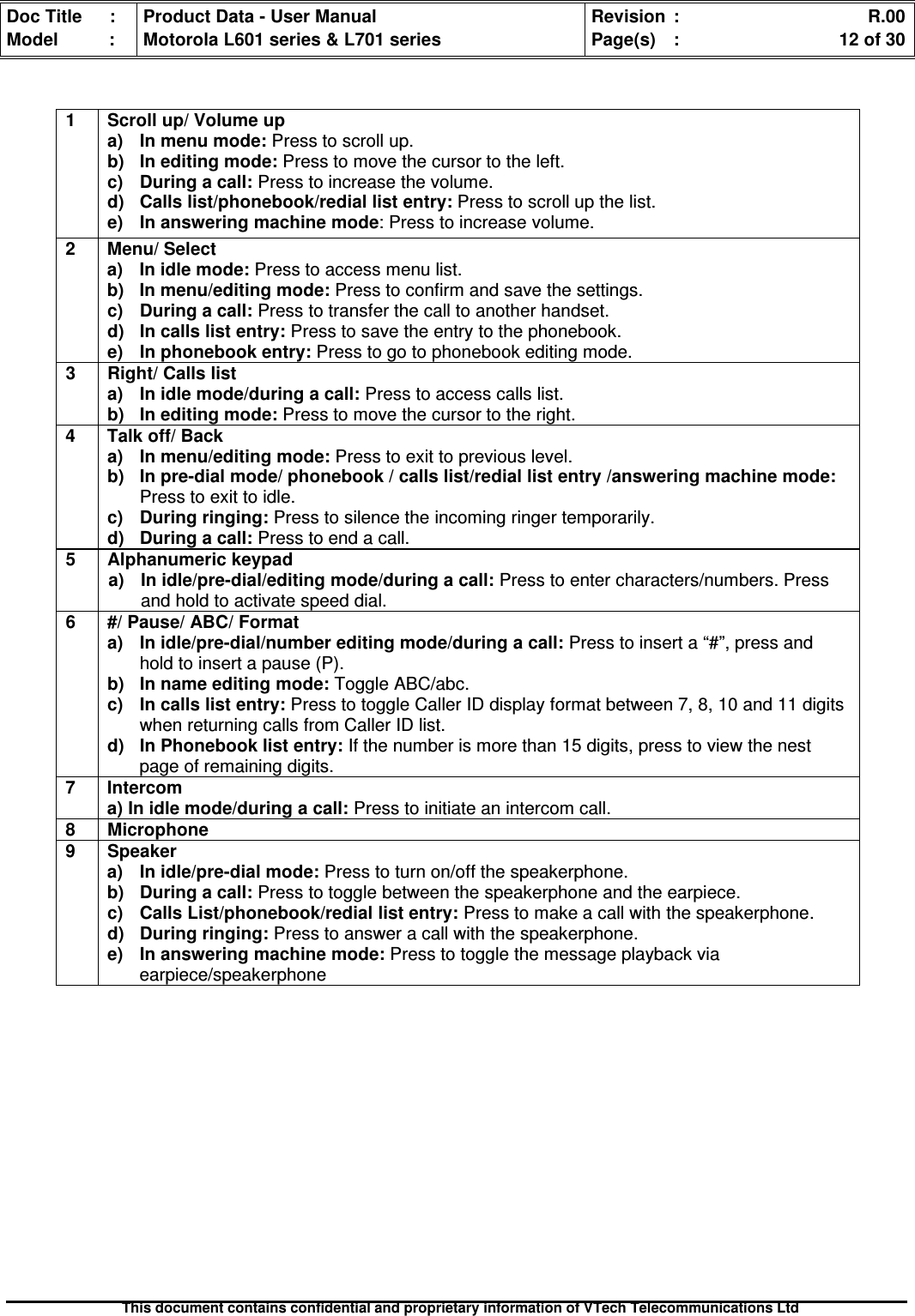 Doc Title : Product Data - User Manual Revision : R.00Model : Motorola L601 series &amp; L701 series Page(s) : 12 of 30This document contains confidential and proprietary information of VTech Telecommunications Ltd1 Scroll up/ Volume upa) In menu mode: Press to scroll up.b)Ineditingmode:Press to move the cursor to the left.c)Duringacall:Press to increase the volume.d) Calls list/phonebook/redial list entry: Press to scroll up the list.e) In answering machine mode: Press to increase volume.2 Menu/ Selecta) In idle mode: Press to access menu list.b) In menu/editing mode: Press to confirm and save the settings.c)Duringacall:Press to transfer the call to another handset.d)Incallslistentry:Press to save the entry to the phonebook.e)Inphonebookentry:Press to go to phonebook editing mode.3 Right/ Calls lista) In idle mode/during a call: Press to access calls list.b)Ineditingmode:Press to move the cursor to the right.4 Talk off/ Backa)Inmenu/editingmode:Press to exit to previous level.b) In pre-dial mode/ phonebook / calls list/redial list entry /answering machine mode:Press to exit to idle.c) During ringing: Press to silence the incoming ringer temporarily.d) During a call: Press to end a call.5 Alphanumeric keypada)Inidle/pre-dial/editingmode/duringacall:Press to enter characters/numbers. Pressand hold to activate speed dial.6 #/ Pause/ ABC/ Formata) In idle/pre-dial/number editing mode/during a call: Press to insert a “#”, press andhold to insert a pause (P).b) In name editing mode: Toggle ABC/abc.c) In calls list entry: Press to toggle Caller ID display format between 7, 8, 10 and 11 digitswhen returning calls from Caller ID list.d)InPhonebooklistentry:If the number is more than 15 digits, press to view the nestpage of remaining digits.7 Intercoma) In idle mode/during a call: Press to initiate an intercom call.8 Microphone9 Speakera) In idle/pre-dial mode: Press to turn on/off the speakerphone.b) During a call: Press to toggle between the speakerphone and the earpiece.c)CallsList/phonebook/rediallistentry:Press to make a call with the speakerphone.d)Duringringing:Press to answer a call with the speakerphone.e) In answering machine mode: Press to toggle the message playback viaearpiece/speakerphone