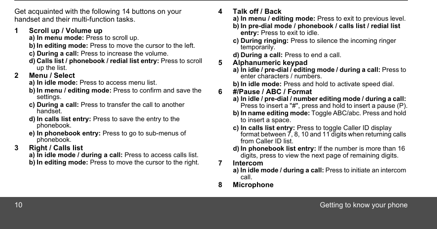 10 Getting to know your phoneGet acquainted with the following 14 buttons on your handset and their multi-function tasks.1 Scroll up / Volume upa) In menu mode: Press to scroll up.b) In editing mode: Press to move the cursor to the left.c) During a call: Press to increase the volume.d) Calls list / phonebook / redial list entry: Press to scroll up the list.2 Menu / Selecta) In idle mode: Press to access menu list.b) In menu / editing mode: Press to confirm and save the settings.c) During a call: Press to transfer the call to another handset.d) In calls list entry: Press to save the entry to the phonebook.e) In phonebook entry: Press to go to sub-menus of phonebook.3 Right / Calls lista) In idle mode / during a call: Press to access calls list.b) In editing mode: Press to move the cursor to the right.4 Talk off / Backa) In menu / editing mode: Press to exit to previous level.b) In pre-dial mode / phonebook / calls list / redial list entry: Press to exit to idle.c) During ringing: Press to silence the incoming ringer temporarily.d) During a call: Press to end a call.5 Alphanumeric keypada) In idle / pre-dial / editing mode / during a call: Press to enter characters / numbers.b) In idle mode: Press and hold to activate speed dial.6 #/Pause / ABC / Formata) In idle / pre-dial / number editing mode / during a call: Press to insert a &quot;#&quot;, press and hold to insert a pause (P).b) In name editing mode: Toggle ABC/abc. Press and hold to insert a space.c) In calls list entry: Press to toggle Caller ID display format between 7, 8, 10 and 11 digits when returning calls from Caller ID list.d) In phonebook list entry: If the number is more than 16 digits, press to view the next page of remaining digits.7 Intercoma) In idle mode / during a call: Press to initiate an intercom call.8 Microphone