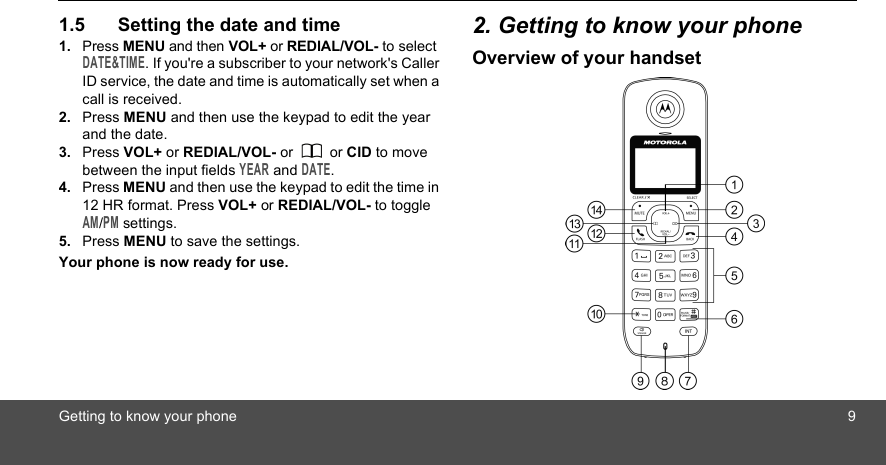 Getting to know your phone 91.5 Setting the date and time1. Press MENU and then VOL+ or REDIAL/VOL- to select DATE&amp;TIME. If you&apos;re a subscriber to your network&apos;s Caller ID service, the date and time is automatically set when a call is received.2. Press MENU and then use the keypad to edit the year and the date.3. Press VOL+ or REDIAL/VOL- or   or CID to move between the input fields YEAR and DATE.4. Press MENU and then use the keypad to edit the time in 12 HR format. Press VOL+ or REDIAL/VOL- to toggle AM/PM settings.5. Press MENU to save the settings.Your phone is now ready for use.2. Getting to know your phoneOverview of your handset