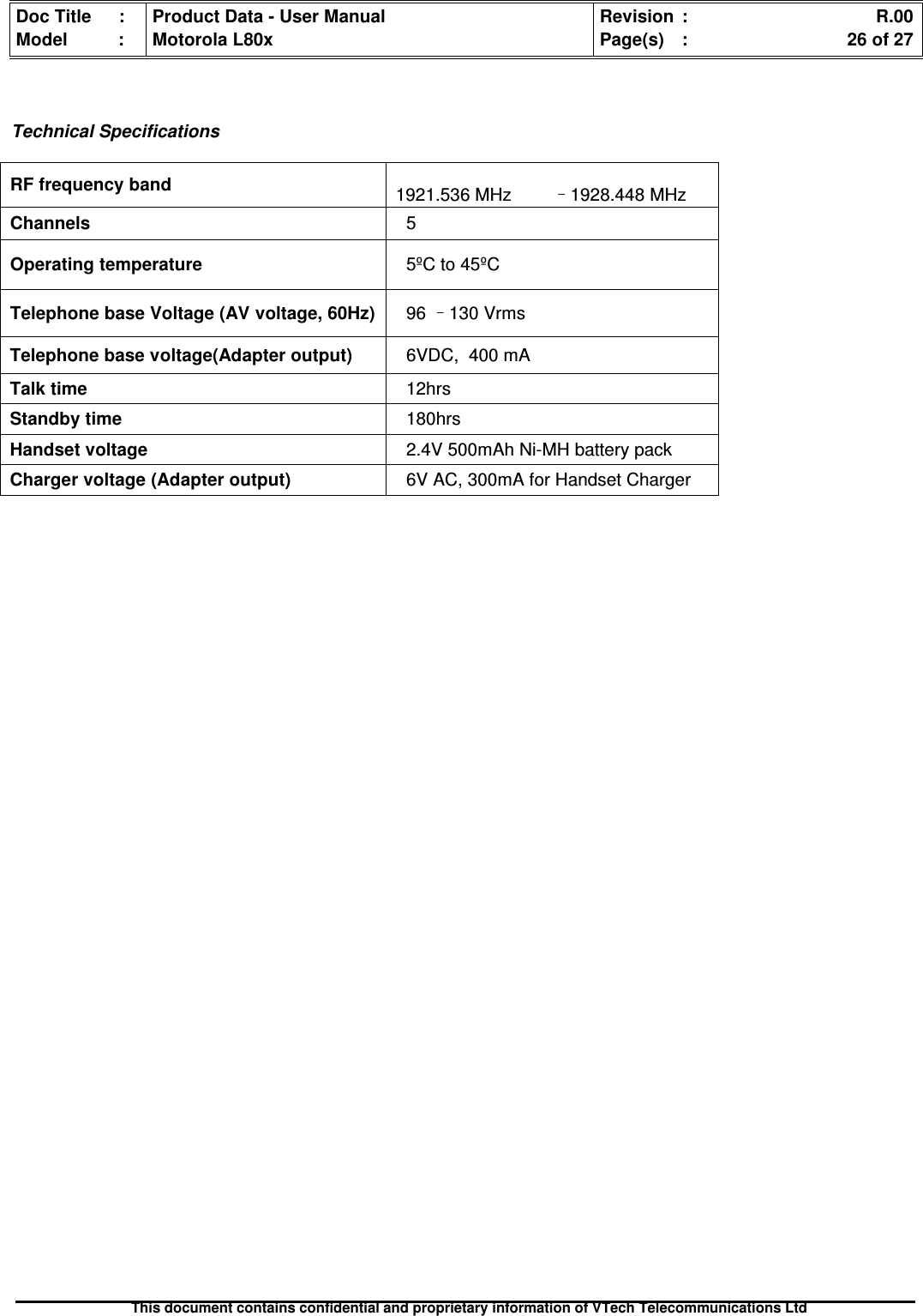 Doc Title : Product Data - User Manual Revision : R.00Model : Motorola L80x Page(s) : 26 of 27This document contains confidential and proprietary information of VTech Telecommunications LtdTechnical SpecificationsRF frequency band 1921.536 MHz     –1928.448 MHzChannels 5Operating temperature 5ºC to 45ºCTelephone base Voltage (AV voltage, 60Hz) 96 –130 VrmsTelephone base voltage(Adapter output) 6VDC, 400 mATalk time 12hrsStandby time 180hrsHandset voltage 2.4V 500mAh Ni-MH battery packCharger voltage (Adapter output) 6V AC, 300mA for Handset Charger