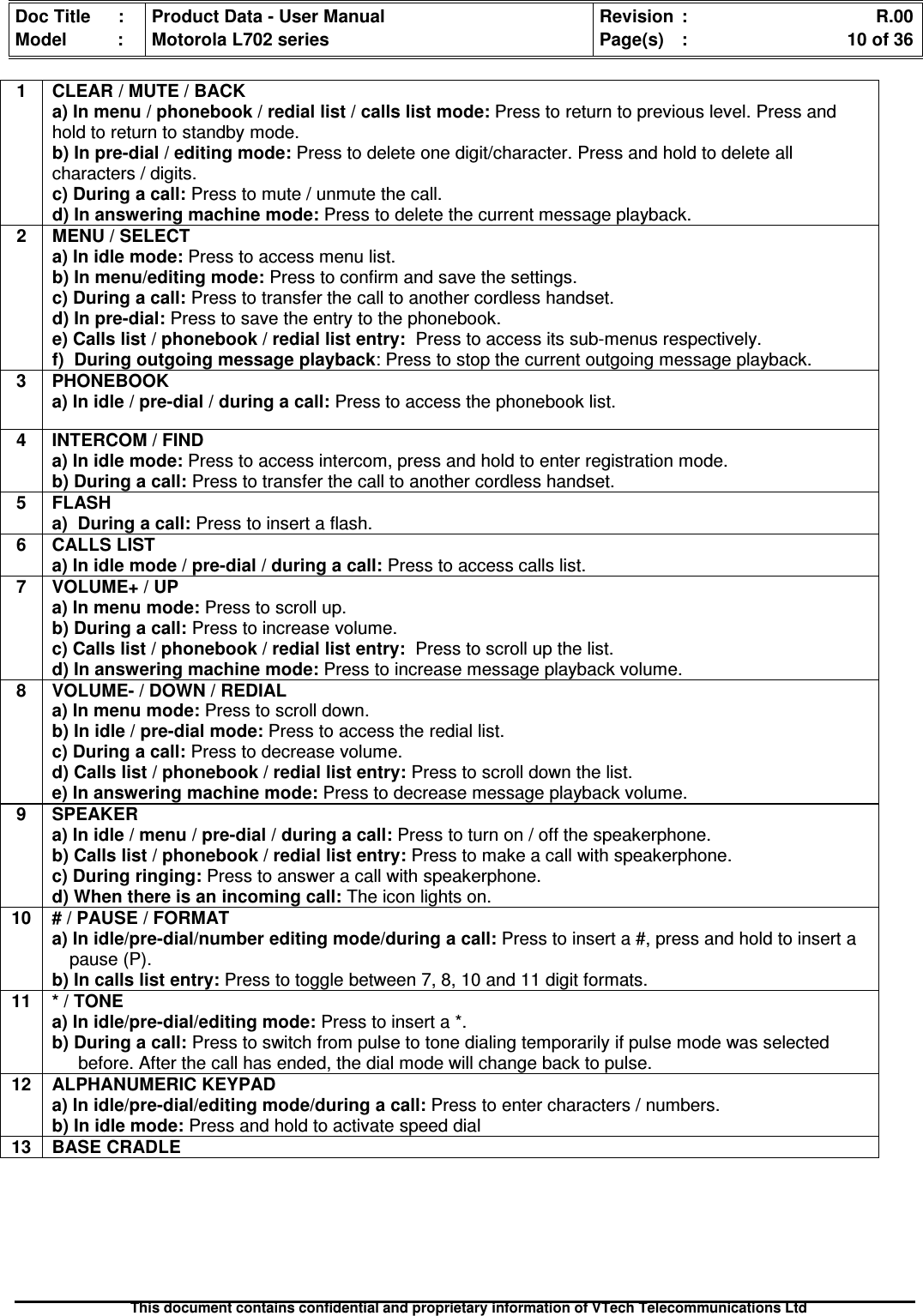 Doc Title : Product Data - User Manual Revision : R.00Model : Motorola L702 series Page(s) : 10 of 36This document contains confidential and proprietary information of VTech Telecommunications Ltd1 CLEAR / MUTE / BACKa) In menu / phonebook / redial list / calls list mode: Press to return to previous level. Press andhold to return to standby mode.b) In pre-dial / editing mode: Press to delete one digit/character. Press and hold to delete allcharacters / digits.c) During a call: Press to mute / unmute the call.d) In answering machine mode: Press to delete the current message playback.2 MENU / SELECTa) In idle mode: Press to access menu list.b) In menu/editing mode: Press to confirm and save the settings.c) During a call: Press to transfer the call to another cordless handset.d) In pre-dial: Press to save the entry to the phonebook.e) Calls list / phonebook / redial list entry: Press to access its sub-menus respectively.f) During outgoing message playback: Press to stop the current outgoing message playback.3 PHONEBOOKa) In idle / pre-dial / during a call: Press to access the phonebook list.4 INTERCOM / FINDa) In idle mode: Press to access intercom, press and hold to enter registration mode.b) During a call: Press to transfer the call to another cordless handset.5 FLASHa) During a call: Press to insert a flash.6 CALLS LISTa) In idle mode / pre-dial / during a call: Press to access calls list.7 VOLUME+ / UPa) In menu mode: Press to scroll up.b) During a call: Press to increase volume.c) Calls list / phonebook / redial list entry: Press to scroll up the list.d) In answering machine mode: Press to increase message playback volume.8 VOLUME- / DOWN / REDIALa) In menu mode: Press to scroll down.b) In idle / pre-dial mode: Press to access the redial list.c) During a call: Press to decrease volume.d) Calls list / phonebook / redial list entry: Press to scroll down the list.e) In answering machine mode: Press to decrease message playback volume.9 SPEAKERa) In idle / menu / pre-dial / during a call: Press to turn on / off the speakerphone.b) Calls list / phonebook / redial list entry: Press to make a call with speakerphone.c) During ringing: Press to answer a call with speakerphone.d) When there is an incoming call: The icon lights on.10 # / PAUSE / FORMATa) In idle/pre-dial/number editing mode/during a call: Press to insert a #, press and hold to insert apause (P).b) In calls list entry: Press to toggle between 7, 8, 10 and 11 digit formats.11 * / TONEa) In idle/pre-dial/editing mode: Press to insert a *.b) During a call: Press to switch from pulse to tone dialing temporarily if pulse mode was selectedbefore. After the call has ended, the dial mode will change back to pulse.12 ALPHANUMERIC KEYPADa) In idle/pre-dial/editing mode/during a call: Press to enter characters / numbers.b) In idle mode: Press and hold to activate speed dial13 BASE CRADLE