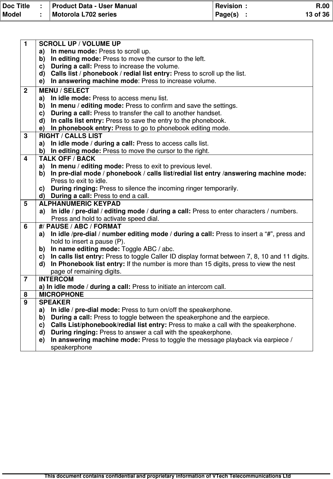 Doc Title : Product Data - User Manual Revision : R.00Model : Motorola L702 series Page(s) : 13 of 36This document contains confidential and proprietary information of VTech Telecommunications Ltd1 SCROLL UP / VOLUME UPa) In menu mode: Press to scroll up.b)Ineditingmode:Press to move the cursor to the left.c)Duringacall:Press to increase the volume.d) Calls list / phonebook / redial list entry: Press to scroll up the list.e) In answering machine mode: Press to increase volume.2 MENU / SELECTa) In idle mode: Press to access menu list.b) In menu / editing mode: Press to confirm and save the settings.c)Duringacall:Press to transfer the call to another handset.d)Incallslistentry:Press to save the entry to the phonebook.e)Inphonebookentry:Press to go to phonebook editing mode.3 RIGHT / CALLS LISTa) In idle mode / during a call: Press to access calls list.b)Ineditingmode:Press to move the cursor to the right.4 TALK OFF / BACKa)Inmenu/editingmode:Press to exit to previous level.b) In pre-dial mode / phonebook / calls list/redial list entry /answering machine mode:Press to exit to idle.c) During ringing: Press to silence the incoming ringer temporarily.d) During a call: Press to end a call.5 ALPHANUMERIC KEYPADa)Inidle/pre-dial/editingmode/duringacall:Press to enter characters / numbers.Press and hold to activate speed dial.6 #/ PAUSE / ABC / FORMATa) In idle /pre-dial / number editing mode / during a call: Press to insert a “#”, press andhold to insert a pause (P).b) In name editing mode: Toggle ABC / abc.c) In calls list entry: Press to toggle Caller ID display format between 7, 8, 10 and 11 digits.d)InPhonebooklistentry:If the number is more than 15 digits, press to view the nestpage of remaining digits.7 INTERCOMa) In idle mode / during a call: Press to initiate an intercom call.8 MICROPHONE9 SPEAKERa) In idle / pre-dial mode: Press to turn on/off the speakerphone.b) During a call: Press to toggle between the speakerphone and the earpiece.c) Calls List/phonebook/redial list entry: Press to make a call with the speakerphone.d)Duringringing:Press to answer a call with the speakerphone.e)Inansweringmachinemode:Press to toggle the message playback via earpiece /speakerphone