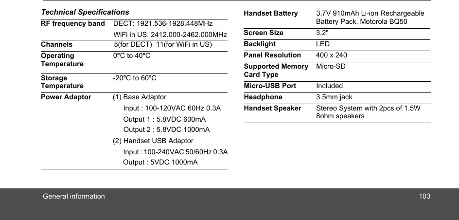 General information 103Technical SpecificationsRF frequency band DECT: 1921.536-1928.448MHzChannels                     5(for DECT)  11(for WiFi in US)Operating Temperature0  C to 40ºCStorage Temperature-20ºC to 60ºCPower Adaptor           (1) Base AdaptorInput : 100-120VAC 60Hz 0.3AOutput 1 : 5.8VDC 600mA0ºWiFi in US: 2412.000-2462.000MHzOutput 2 : 5.8VDC 1000mA(2) Handset USB AdaptorInput : 100-240VAC 50/60Hz 0.3AOutput : 5VDC 1000mA3.7V 910mAh Li-ion Rechargeable Battery Pack, Motorola BQ50Screen Size 3.2&quot;Backlight LEDPanel Resolution 400 x 240Supported Memory Card TypeMicro-SDMicro-USB Port IncludedHeadphone 3.5mm jackHandset Speaker Stereo System with 2pcs of 1.5W 8ohm speakersHandset Battery