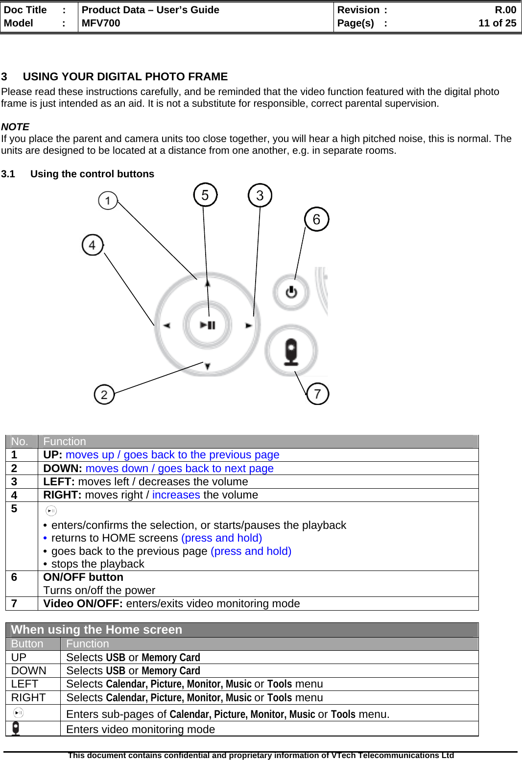  Doc Title  :  Product Data – User’s Guide  Revision :    R.00Model   :  MFV700  Page(s)  :    11 of 25  This document contains confidential and proprietary information of VTech Telecommunications Ltd    3  USING YOUR DIGITAL PHOTO FRAME Please read these instructions carefully, and be reminded that the video function featured with the digital photo frame is just intended as an aid. It is not a substitute for responsible, correct parental supervision.  NOTE If you place the parent and camera units too close together, you will hear a high pitched noise, this is normal. The units are designed to be located at a distance from one another, e.g. in separate rooms.  3.1  Using the control buttons             No.  Function 1  UP: moves up / goes back to the previous page 2  DOWN: moves down / goes back to next page 3  LEFT: moves left / decreases the volume 4  RIGHT: moves right / increases the volume  5   • enters/confirms the selection, or starts/pauses the playback • returns to HOME screens (press and hold) • goes back to the previous page (press and hold) • stops the playback 6 ON/OFF button Turns on/off the power 7  Video ON/OFF: enters/exits video monitoring mode  When using the Home screen Button  Function UP Selects USB or Memory Card DOWN Selects USB or Memory Card LEFT Selects Calendar, Picture, Monitor, Music or Tools menu RIGHT Selects Calendar, Picture, Monitor, Music or Tools menu    Enters sub-pages of Calendar, Picture, Monitor, Music or Tools menu.  Enters video monitoring mode  