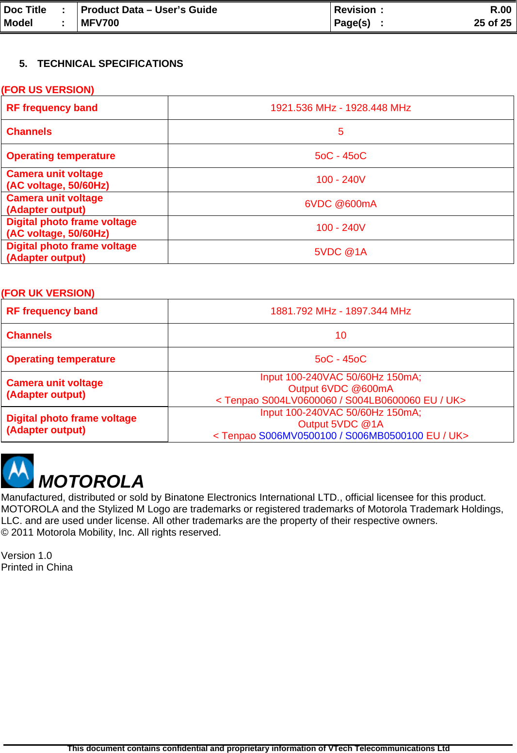  Doc Title  :  Product Data – User’s Guide  Revision :    R.00Model   :  MFV700  Page(s)  :    25 of 25  This document contains confidential and proprietary information of VTech Telecommunications Ltd   5. TECHNICAL SPECIFICATIONS  (FOR US VERSION) RF frequency band  1921.536 MHz - 1928.448 MHz Channels  5 Operating temperature  5oC - 45oC Camera unit voltage  (AC voltage, 50/60Hz)  100 - 240V Camera unit voltage (Adapter output)  6VDC @600mA Digital photo frame voltage  (AC voltage, 50/60Hz)  100 - 240V Digital photo frame voltage (Adapter output)  5VDC @1A   (FOR UK VERSION) RF frequency band  1881.792 MHz - 1897.344 MHz Channels  10 Operating temperature  5oC - 45oC Camera unit voltage (Adapter output) Input 100-240VAC 50/60Hz 150mA; Output 6VDC @600mA &lt; Tenpao S004LV0600060 / S004LB0600060 EU / UK&gt; Digital photo frame voltage (Adapter output) Input 100-240VAC 50/60Hz 150mA; Output 5VDC @1A &lt; Tenpao S006MV0500100 / S006MB0500100 EU / UK&gt;   MOTOROLA Manufactured, distributed or sold by Binatone Electronics International LTD., official licensee for this product. MOTOROLA and the Stylized M Logo are trademarks or registered trademarks of Motorola Trademark Holdings, LLC. and are used under license. All other trademarks are the property of their respective owners. © 2011 Motorola Mobility, Inc. All rights reserved.  Version 1.0  Printed in China  