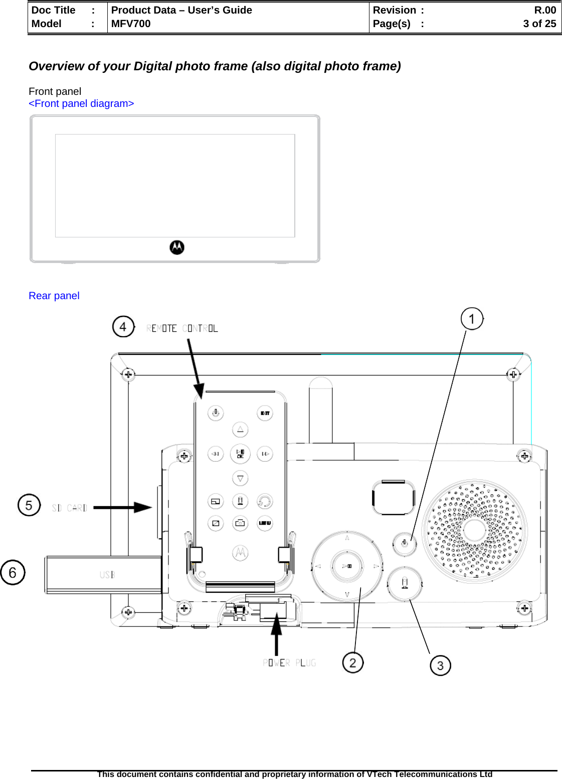  Doc Title  :  Product Data – User’s Guide  Revision :    R.00Model   :  MFV700  Page(s)  :    3 of 25  This document contains confidential and proprietary information of VTech Telecommunications Ltd    Overview of your Digital photo frame (also digital photo frame)  Front panel &lt;Front panel diagram&gt;                Rear panel           