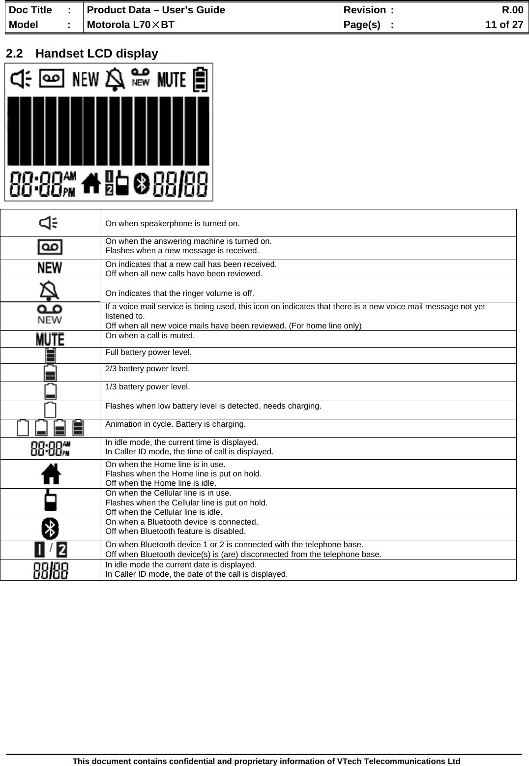  Doc Title  :  Product Data – User’s Guide  Revision :    R.00Model   :  Motorola L70×BT  Page(s)  :    11 of 27  This document contains confidential and proprietary information of VTech Telecommunications Ltd  2.2  Handset LCD display                                 On when speakerphone is turned on.  On when the answering machine is turned on. Flashes when a new message is received.  On indicates that a new call has been received. Off when all new calls have been reviewed.   On indicates that the ringer volume is off.  If a voice mail service is being used, this icon on indicates that there is a new voice mail message not yet listened to. Off when all new voice mails have been reviewed. (For home line only)  On when a call is muted.  Full battery power level.  2/3 battery power level.  1/3 battery power level.  Flashes when low battery level is detected, needs charging.  Animation in cycle. Battery is charging.  In idle mode, the current time is displayed. In Caller ID mode, the time of call is displayed.  On when the Home line is in use. Flashes when the Home line is put on hold. Off when the Home line is idle.   On when the Cellular line is in use. Flashes when the Cellular line is put on hold. Off when the Cellular line is idle.  On when a Bluetooth device is connected.   Off when Bluetooth feature is disabled.  On when Bluetooth device 1 or 2 is connected with the telephone base. Off when Bluetooth device(s) is (are) disconnected from the telephone base.  In idle mode the current date is displayed. In Caller ID mode, the date of the call is displayed. 