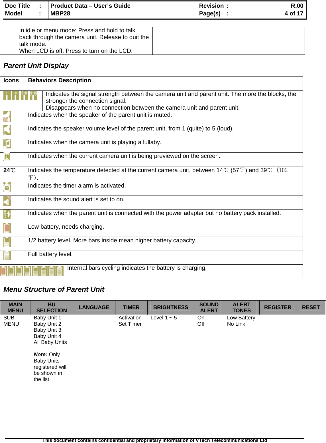  Doc Title  :  Product Data – User’s Guide  Revision :    R.00Model   :  MBP28  Page(s)  :    4 of 17  This document contains confidential and proprietary information of VTech Telecommunications Ltd   In idle or menu mode: Press and hold to talk back through the camera unit. Release to quit the talk mode. When LCD is off: Press to turn on the LCD.  Parent Unit Display  Icons Behaviors Description         Indicates the signal strength between the camera unit and parent unit. The more the blocks, the stronger the connection signal. Disappears when no connection between the camera unit and parent unit.  Indicates when the speaker of the parent unit is muted.  Indicates the speaker volume level of the parent unit, from 1 (quite) to 5 (loud).   Indicates when the camera unit is playing a lullaby.  Indicates when the current camera unit is being previewed on the screen. 24℃ Indicates the temperature detected at the current camera unit, between 14℃ (57℉) and 39℃ (102℉).  Indicates the timer alarm is activated.  Indicates the sound alert is set to on.  Indicates when the parent unit is connected with the power adapter but no battery pack installed.  Low battery, needs charging.  1/2 battery level. More bars inside mean higher battery capacity.  Full battery level.   Internal bars cycling indicates the battery is charging.  Menu Structure of Parent Unit  MAIN MENU  BU SELECTION  LANGUAGE  TIMER  BRIGHTNESS  SOUND  ALERT  ALERT  TONES  REGISTER  RESET SUB MENU  Baby Unit 1 Baby Unit 2 Baby Unit 3 Baby Unit 4 All Baby Units  Note: Only Baby Units registered will be shown in the list.  Activation Set Timer  Level 1 ~ 5  On Off  Low Battery No Link     