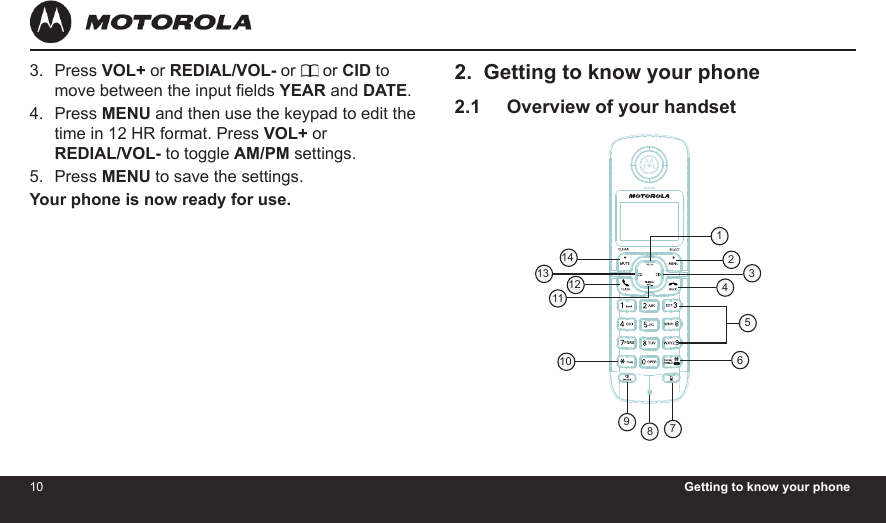 10 Getting to know your phone112.  Getting to know your phone2.1     Overview of your handsetPress VOL+ or REDIAL/VOL- or   or CID to move between the input elds YEAR and DATE.Press MENU and then use the keypad to edit the time in 12 HR format. Press VOL+ or  REDIAL/VOL- to toggle AM/PM settings.Press MENU to save the settings.Your phone is now ready for use.3.4.5.84H20MADE IN CHINATHIS DEVICE COMPLIES WITH PART 15 OF THE FCC RULES.OPERATION    IS    SUBJECT   TO   THE   FOLLOWING   TWO CONDITONS:  1)THIS  DEVICE  MAY  NOT  CAUSE HARMFUL INTERFERENCE; AND  2)THIS  DEVICE  MUST  ACCEPT ANY INTERFERENCE   RECEIVED,   INCLUDING  INTERFERENCE THAT MAY CAUSE UNDESIRED OPERATION.    PRIVACY  OF COMMUNICATIONS  MAY  NOT  BE  ENSURED WHEN USING THIS PHONE.DC 5V 300mACORDLESS TELEPHONECustomer service number:US and Canada:1-888-331-3383Web:www.motorola.comFCC ID: VLJ80-xxxx-xx                   IC: 4522A-80xxxxxxCOMPLIES WITH 47 CFR PART 68REGISTRATION NO.: US: BINW400B80-xxxxxxRINGER EQUIVALENCE: 0.0BUSOC JACK: RJ11C/W HACFCC ID:VLJ80-xxxx-xxIC:4522A-80xxxxxxDC 5VDC 6V 300mAMADE IN CHINACORDLESS TELEPHONE4H20AccessoryDC 6V121110976514321314