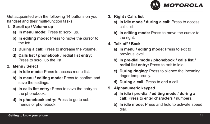 1011Getting to know your phoneGet acquainted with the following 14 buttons on your handset and their multi-function tasks.Scroll up / Volume upIn menu mode: Press to scroll up.In editing mode: Press to move the cursor to the left.During a call: Press to increase the volume.Calls list / phonebook / redial list entry: Press to scroll up the list.Menu / SelectIn idle mode: Press to access menu list.In menu / editing mode: Press to conrm and save the settings.In calls list entry: Press to save the entry to the phonebook.In phonebook entry: Press to go to sub-menus of phonebook.1.a)b)c)d)2.a)b)c)d)Right / Calls listIn idle mode / during a call: Press to access calls list.In editing mode: Press to move the cursor to the right.Talk off / BackIn menu / editing mode: Press to exit to previous level.In pre-dial mode / phonebook / calls list / redial list entry: Press to exit to idle.During ringing: Press to silence the incoming ringer temporarily.During a call: Press to end a call.Alphanumeric keypadIn idle / pre-dial / editing mode / during a call: Press to enter characters / numbers.In idle mode: Press and hold to activate speed dial.3.a)b)4.a)b)c)d)5.a)b)