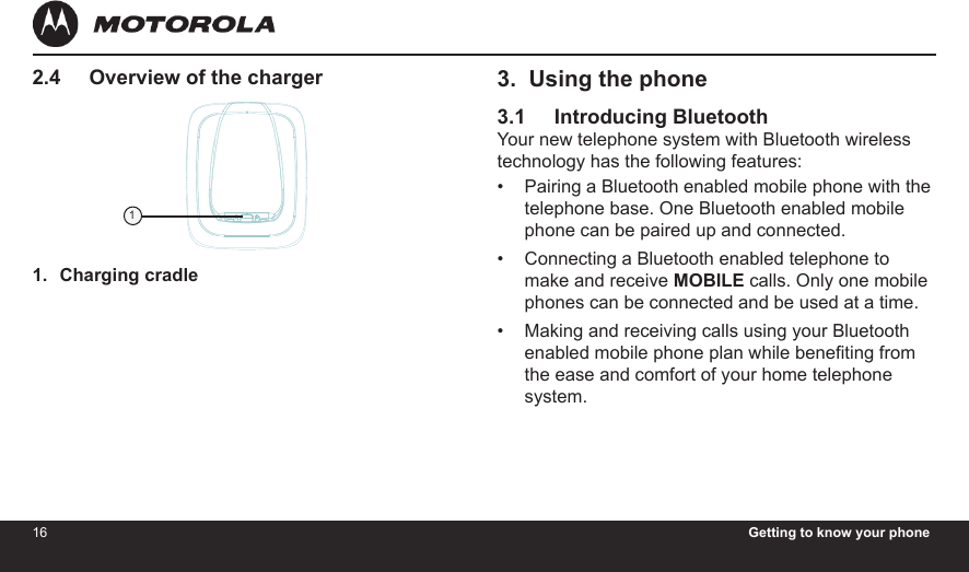 16 Getting to know your phone172.4     Overview of the chargerCharging cradle1.4H20MADE IN CHINATHIS DEVICE COMPLIES WITH PART 15 OF THE FCC RULES.OPERATION    IS    SUBJECT   TO   THE   FOLLOWING   TWO CONDITONS:  1)THIS  DEVICE  MAY  NOT  CAUSE HARMFUL INTERFERENCE; AND  2)THIS  DEVICE  MUST  ACCEPT ANY INTERFERENCE   RECEIVED,   INCLUDING  INTERFERENCE THAT MAY CAUSE UNDESIRED OPERATION.    PRIVACY  OF COMMUNICATIONS  MAY  NOT  BE  ENSURED WHEN USING THIS PHONE.DC 5V 300mACORDLESS TELEPHONECustomer service number:US and Canada:1-888-331-3383Web:www.motorola.comFCC ID: VLJ80-xxxx-xx                   IC: 4522A-80xxxxxxCOMPLIES WITH 47 CFR PART 68REGISTRATION NO.: US: BINW400B80-xxxxxxRINGER EQUIVALENCE: 0.0BUSOC JACK: RJ11C/W HACFCC ID:VLJ80-xxxx-xxIC:4522A-80xxxxxxDC 5VDC 6V 300mAMADE IN CHINACORDLESS TELEPHONE4H20AccessoryDC 6V13.  Using the phone3.1     Introducing BluetoothYour new telephone system with Bluetooth wireless technology has the following features:Pairing a Bluetooth enabled mobile phone with the telephone base. One Bluetooth enabled mobile phone can be paired up and connected.Connecting a Bluetooth enabled telephone to make and receive MOBILE calls. Only one mobile phones can be connected and be used at a time.Making and receiving calls using your Bluetooth enabled mobile phone plan while beneting from the ease and comfort of your home telephone system.•••