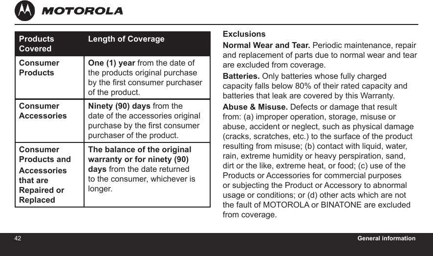 42 General information43Products CoveredLength of CoverageConsumer ProductsOne (1) year from the date of the products original purchase by the rst consumer purchaser of the product.Consumer AccessoriesNinety (90) days from the date of the accessories original purchase by the rst consumer purchaser of the product.Consumer Products andAccessories that are Repaired or ReplacedThe balance of the original warranty or for ninety (90) days from the date returned to the consumer, whichever is longer.ExclusionsNormal Wear and Tear. Periodic maintenance, repair and replacement of parts due to normal wear and tear are excluded from coverage.Batteries. Only batteries whose fully charged capacity falls below 80% of their rated capacity and batteries that leak are covered by this Warranty.Abuse &amp; Misuse. Defects or damage that result from: (a) improper operation, storage, misuse or abuse, accident or neglect, such as physical damage (cracks, scratches, etc.) to the surface of the product resulting from misuse; (b) contact with liquid, water, rain, extreme humidity or heavy perspiration, sand, dirt or the like, extreme heat, or food; (c) use of the Products or Accessories for commercial purposes or subjecting the Product or Accessory to abnormal usage or conditions; or (d) other acts which are not the fault of MOTOROLA or BINATONE are excluded from coverage.