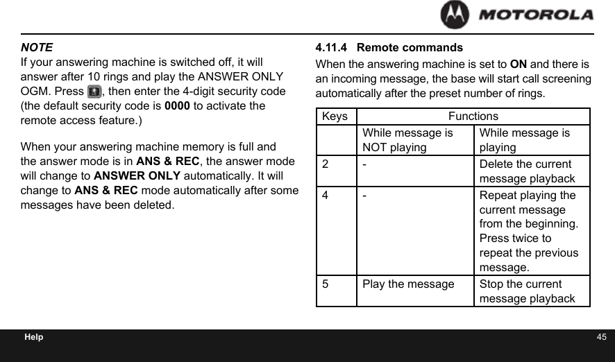 44 45HelpNOTEIf your answering machine is switched off, it will answer after 10 rings and play the ANSWER ONLY OGM. Press  , then enter the 4-digit security code (the default security code is 0000 to activate the remote access feature.)When your answering machine memory is full and the answer mode is in ANS &amp; REC, the answer mode will change to ANSWER ONLY automatically. It will change to ANS &amp; REC mode automatically after some messages have been deleted.4.11.4  Remote commandsWhen the answering machine is set to ON and there is an incoming message, the base will start call screening automatically after the preset number of rings.Keys FunctionsWhile message is NOT playingWhile message is playing2 - Delete the current message playback4 - Repeat playing the current message from the beginning. Press twice to repeat the previous message.5Play the message Stop the current message playback