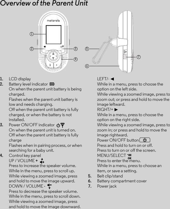 Overview of the Parent Unit1. LCD display2. Battery level indicator On when the parent unit battery is being charged.Flashes when the parent unit battery is low and needs charging.Off when the parent unit battery is fully charged, or when the battery is not installed.3. Power ON/OFF indicator On when the parent unit is turned on.Off when the parent unit battery is fully charge Flashes when in pairing process, or when searching for a baby unit.4. Control key panel UP / VOLUME + Press to increase the speaker volume.While in the menu, press to scroll up.While viewing a zoomed image, press and hold to move the image upward.DOWN / VOLUME - Press to decrease the speaker volume.While in the menu, press to scroll down.While viewing a zoomed image, press and hold to move the image downward.LEFT/- &lt;While in a menu, press to choose the option on the left side.While viewing a zoomed image, press to zoom out; or press and hold to move the image leftward.RIGHT/+ &gt;While in a menu, press to choose the option on the right side.While viewing a zoomed image, press to zoom in; or press and hold to move the image rightward.Power ON/OFF buttonPPress and hold to turn on or off.Press to turn on or off the screen.MENU/SELECT Press to enter the menu.While in a menu, press to choose an item, or save a setting.5. Belt clip/stand6. Battery compartment cover7. Power jack12 56374