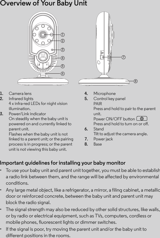 Overview of Your Baby Unit12378456Important guidelines for installing your baby monitor•  To use your baby unit and parent unit together, you must be able to establish a radio link between them, and the range will be affected by environmental conditions.•  Any large metal object, like a refrigerator, a mirror, a filing cabinet, a metallic door or reinforced concrete, between the baby unit and parent unit may block the radio signal.•  The signal strength may also be reduced by other solid structures, like walls, or by radio or electrical equipment, such as TVs, computers, cordless or mobile phones, fluorescent lights or dimmer switches.•  If the signal is poor, try moving the parent unit and/or the baby unit to different positions in the rooms.1. Camera lens2. Infrared lights4 x infra-red LEDs for night vision illumination.3. Power/Link indicatorOn steadily when the baby unit is powered on and currently linked to parent unit. Flashes when the baby unit is not linked to a parent unit; or the pairing process is in progress; or the parent unit is not viewing this baby unit.4. Microphone5. Control key panelPAIR Press and hold to pair to the parent unit.Power ON/OFF button PPress and hold to turn on or off.6. StandTilt to adjust the camera angle.7. Power jack8. Base