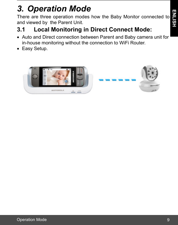 9ENLISHOperation Mode3.OperationModeThere are three operation modes how the Baby Monitor connected to and viewed by  the Parent Unit.3.1 LocalMonitoringinDirectConnectMode:• Auto and Direct connection between Parent and Baby camera unit for    in-house monitoring without the connection to WiFi Router.• Easy Setup.