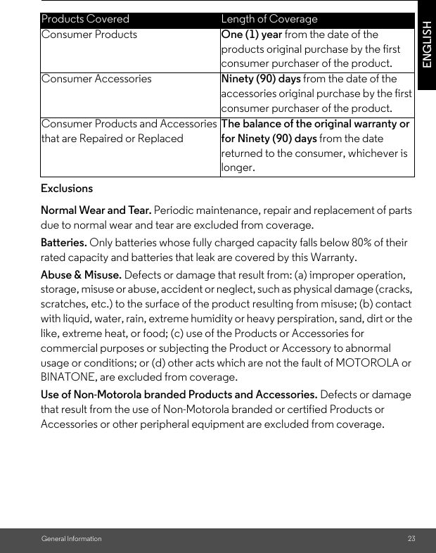 General Information 23ENGLISHExclusionsNormal Wear and Tear. Periodic maintenance, repair and replacement of parts due to normal wear and tear are excluded from coverage. Batteries. Only batteries whose fully charged capacity falls below 80% of their rated capacity and batteries that leak are covered by this Warranty.Abuse &amp; Misuse. Defects or damage that result from: (a) improper operation, storage, misuse or abuse, accident or neglect, such as physical damage (cracks, scratches, etc.) to the surface of the product resulting from misuse; (b) contact with liquid, water, rain, extreme humidity or heavy perspiration, sand, dirt or the like, extreme heat, or food; (c) use of the Products or Accessories for commercial purposes or subjecting the Product or Accessory to abnormal usage or conditions; or (d) other acts which are not the fault of MOTOROLA or BINATONE, are excluded from coverage. Use of Non-Motorola branded Products and Accessories. Defects or damage that result from the use of Non-Motorola branded or certified Products or Accessories or other peripheral equipment are excluded from coverage. Products Covered Length of CoverageConsumer Products One (1) year from the date of the products original purchase by the first consumer purchaser of the product.Consumer Accessories Ninety (90) days from the date of the accessories original purchase by the first consumer purchaser of the product.Consumer Products and Accessories that are Repaired or ReplacedThe balance of the original warranty or for Ninety (90) days from the date returned to the consumer, whichever is longer.