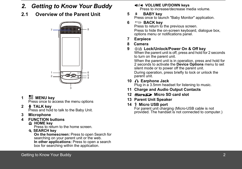 Getting to Know Your Buddy2. Getting to Know Your Buddy2.1 Overview of the Parent Unit 1H MENU keyPress once to access the menu options2T TALK keyPress and hold to talk to the Baby Unit.3 Microphone4 FUNCTION buttons&lt;  HOME keyPress to return to the home screen.&gt; SEARCH keyOn the homescreen: Press to open Search for searching on your parent unit or the web.In other applications: Press to open a search  17234568+/- VOLUME UP/DOWN keysPress to increase/decrease media volume.5      BABY keyPress once to launch &quot;Baby Monitor&quot; application. 6B BACK keyPress to return to the previous screen.Press to hide the on-screen keyboard, dialogue box, options menu or notifications panel.78    Camera9L Lock/Unlock/Power On &amp; Off keyWhen the parent unit is off, press and hold for 2 seconds to turn on the parent unit.When the parent unit is in operation, press and hold for 2 seconds to activate the Device Options menu to set silent mode or to power off the parent unit.During operation, press briefly to lock or unlock the parent unit.10 E Earphone JackPlug in a 3.5mm headset for listening to music.11 Charge and Audio Output Contacts12 S Micro SD card slot13 Parent Unit Speaker14 U Micro USB portFor parent unit charging (Micro-USB cable is not  2box for searching within the application.provided. The handset is not connected to computer.)Earpiece