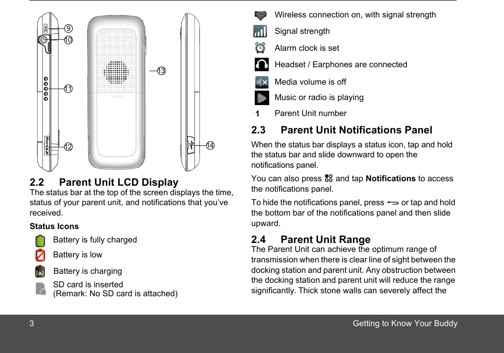 Getting to Know Your Buddy2.2 Parent Unit LCD DisplayThe status bar at the top of the screen displays the time, status of your parent unit, and notifications that you’ve received.Status Icons Battery is fully charged Battery is low   Battery is charging SD card is inserted91110121314 (Remark: No SD card is attached) Wireless connection on, with signal strength Signal strength Alarm clock is set Headset / Earphones are connected Media volume is off  Music or radio is playing Parent Unit number2.3 Parent Unit Notifications PanelWhen the status bar displays a status icon, tap and hold the status bar and slide downward to open the notifications panel. You can also press H and tap Notifications to access the notifications panel.To hide the notifications panel, press B or tap and hold the bottom bar of the notifications panel and then slide upward. 2.4 Parent Unit RangeThe Parent Unit can achieve the optimum range of transmission when there is clear line of sight between the docking station and parent unit. Any obstruction between the docking station and parent unit will reduce the range significantly. Thick stone walls can severely affect the13