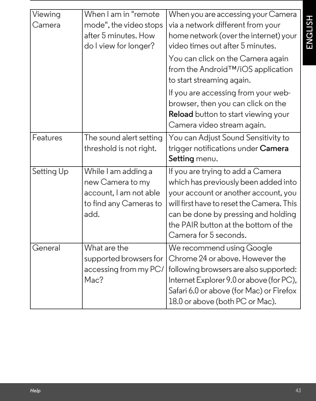 Help 43ENGLISHViewing CameraWhen I am in &quot;remote mode&quot;, the video stops after 5 minutes. How do I view for longer?When you are accessing your Camera via a network different from your home network (over the internet) your video times out after 5 minutes.You can click on the Camera again from the Android™/iOS application to start streaming again.If you are accessing from your web-browser, then you can click on the Reload button to start viewing your Camera video stream again.Features The sound alert setting threshold is not right.You can Adjust Sound Sensitivity to trigger notifications under Camera Setting menu.Setting Up While I am adding a new Camera to my account, I am not able to find any Cameras to add.If you are trying to add a Camera which has previously been added into your account or another account, you will first have to reset the Camera. This can be done by pressing and holding the PAIR button at the bottom of the Camera for 5 seconds.General What are the supported browsers for accessing from my PC/Mac?We recommend using Google Chrome 24 or above. However the following browsers are also supported: Internet Explorer 9.0 or above (for PC), Safari 6.0 or above (for Mac) or Firefox 18.0 or above (both PC or Mac). 
