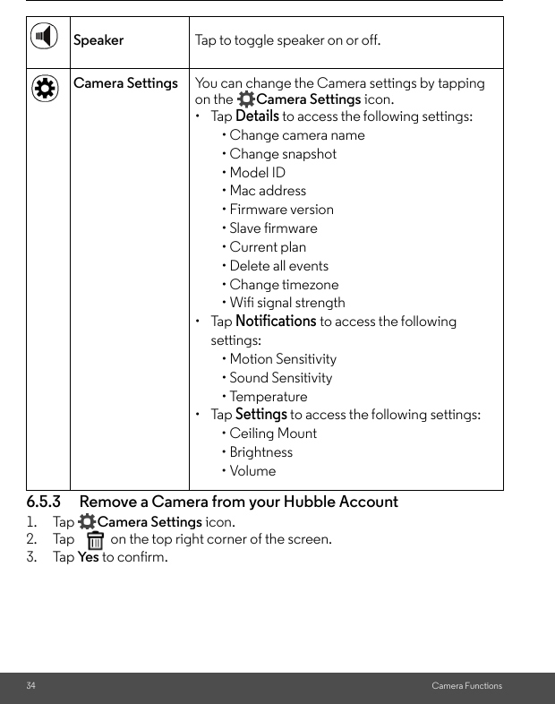 34 Camera Functions6.5.3 Remove a Camera from your Hubble Account1. Tap  Camera Settings icon.2. Tap  on the top right corner of the screen.3. Tap Ye s  to confirm.Speaker Tap to toggle speaker on or off.Camera Settings You can change the Camera settings by tapping on the  Camera Settings icon.• Tap Details to access the following settings:• Change camera name• Change snapshot• Model ID• Mac address• Firmware version• Slave firmware• Current plan• Delete all events• Change timezone• Wifi signal strength• Tap Notifications to access the following settings:• Motion Sensitivity• Sound Sensitivity• Temperature• Tap Settings to access the following settings:• Ceiling Mount• Brightness• Volume