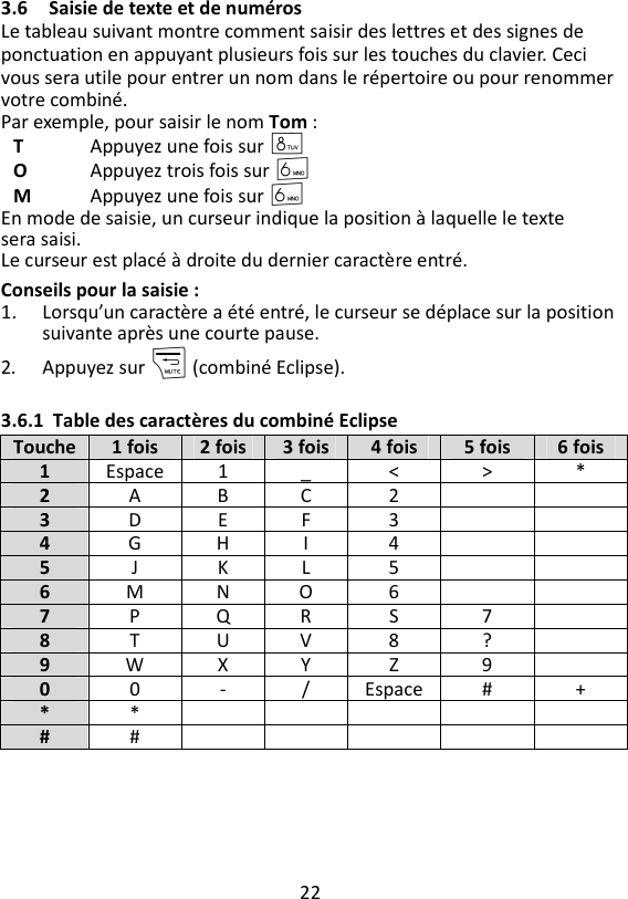 22  3.6 Saisie de texte et de numéros Le tableau suivant montre comment saisir des lettres et des signes de ponctuation en appuyant plusieurs fois sur les touches du clavier. Ceci vous sera utile pour entrer un nom dans le répertoire ou pour renommer votre combiné. Par exemple, pour saisir le nom Tom : T Appuyez une fois sur 8 O Appuyez trois fois sur 6 M Appuyez une fois sur 6 En mode de saisie, un curseur indique la position à laquelle le texte sera saisi. Le curseur est placé à droite du dernier caractère entré. Conseils pour la saisie : 1. Lorsqu’un caractère a été entré, le curseur se déplace sur la position suivante après une courte pause. 2. Appuyez sur m (combiné Eclipse).  3.6.1 Table des caractères du combiné Eclipse Touche 1 fois 2 fois 3 fois 4 fois 5 fois 6 fois 1 Espace 1 _ &lt; &gt; * 2 A B C 2   3 D E F 3   4 G H I 4   5 J K L 5   6 M N O 6   7 P Q R S 7  8 T U V 8 ?  9 W X Y Z 9  0 0 - / Espace # + * *      # #         