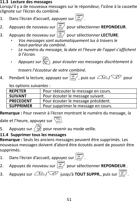 51  11.3 Lecture des messages Lorsqu’il y a de nouveaux messages sur le répondeur, l’icône à la cassette clignote sur l’écran du combiné. 1. Dans l’écran d’accueil, appuyez sur M. 2. Appuyez de nouveau sur M pour sélectionner REPONDEUR. 3. Appuyez de nouveau sur M pour sélectionner LECTURE. Vos messages sont automatiquement lus à travers le haut-parleur du combiné. Le numéro du message, la date et l’heure de l’appel s’affichent à l’écran.   Appuyez sur T pour écouter vos messages discrètement à travers l’écouteur de votre combiné. 4. Pendant la lecture, appuyez sur M, puis sur +/- pour les options suivantes : REPETER Pour réécouter le message en cours. SUIVANT Pour écouter le message suivant. PRECEDENT Pour écouter le message précédent. SUPPRIMER Pour supprimer le message en cours. Remarque : Pour revenir à l’écran montrant le numéro du message, la date et l’heure, appuyez sur m. 5. Appuyez sur O pour revenir au mode veille. 11.4 Supprimer tous les messages Remarque : Seuls les anciens messages peuvent être supprimés. Les nouveaux messages doivent d’abord être écoutés avant de pouvoir être supprimés. 1. Dans l’écran d’accueil, appuyez sur M. 2. Appuyez de nouveau sur M pour sélectionner REPONDEUR . 3. Appuyez sur +/- jusqu’à TOUT SUPPR., puis sur M. 