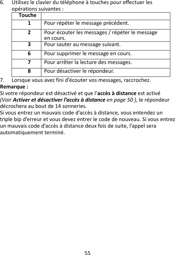 55  6. Utilisez le clavier du téléphone à touches pour effectuer les opérations suivantes : Touche  1 Pour répéter le message précédent. 2 Pour écouter les messages / répéter le message en cours. 3 Pour sauter au message suivant. 6 Pour supprimer le message en cours. 7 Pour arrêter la lecture des messages. 8 Pour désactiver le répondeur. 7. Lorsque vous avez fini d’écouter vos messages, raccrochez. Remarque : Si votre répondeur est désactivé et que l’accès à distance est activé (Voir Activer et désactiver l’accès à distance en page 50 ), le répondeur décrochera au bout de 14 sonneries. Si vous entrez un mauvais code d’accès à distance, vous entendez un triple bip d’erreur et vous devez entrer le code de nouveau. Si vous entrez un mauvais code d’accès à distance deux fois de suite, l’appel sera automatiquement terminé.    