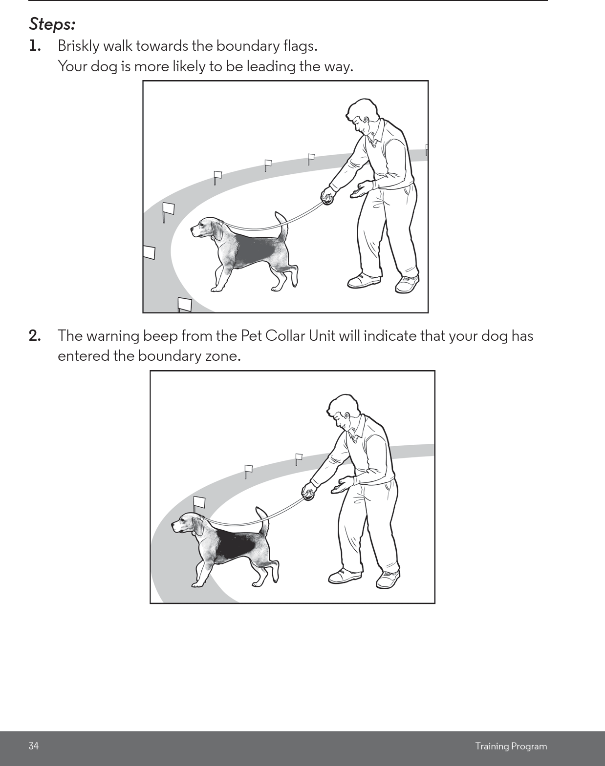 34 Training ProgramSteps:1. Briskly walk towards the boundary flags. Your dog is more likely to be leading the way. 2. The warning beep from the Pet Collar Unit will indicate that your dog has entered the boundary zone. 