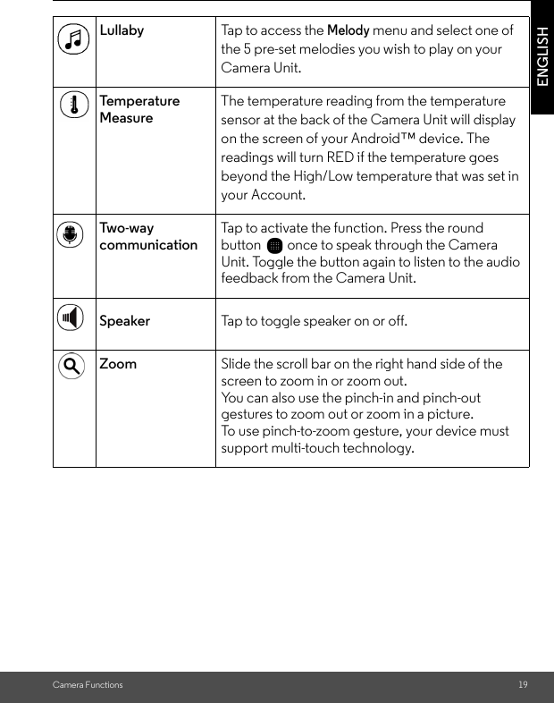 Camera Functions 19ENGLISHLullaby Tap to access the Melody menu and select one of the 5 pre-set melodies you wish to play on your Camera Unit.Te m p e r a t u r e  MeasureThe temperature reading from the temperature sensor at the back of the Camera Unit will display on the screen of your Android™ device. The readings will turn RED if the temperature goes beyond the High/Low temperature that was set in your Account.Tw o- wa y  communicationTap to activate the function. Press the round button   once to speak through the Camera Unit. Toggle the button again to listen to the audio feedback from the Camera Unit.Speaker Tap to toggle speaker on or off.Zoom Slide the scroll bar on the right hand side of the screen to zoom in or zoom out.You can also use the pinch-in and pinch-out gestures to zoom out or zoom in a picture.To use pinch-to-zoom gesture, your device must support multi-touch technology.