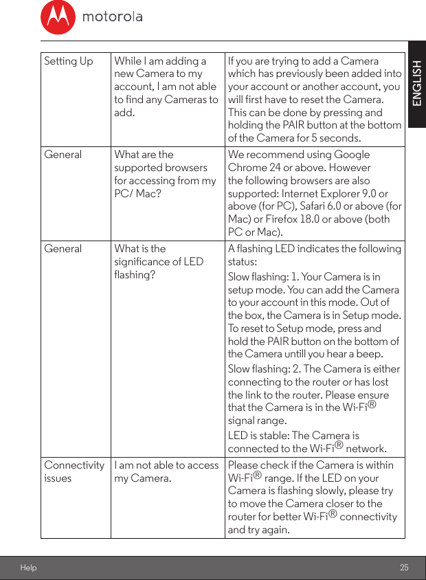25ENGLISHHelpSetting Up While I am adding a new Camera to my account, I am not able to find any Cameras to add.If you are trying to add a Camera which has previously been added into your account or another account, you will first have to reset the Camera. This can be done by pressing and holding the PAIR button at the bottom of the Camera for 5 seconds.General What are the supported browsers for accessing from my PC/ Mac?We recommend using Google Chrome 24 or above. However the following browsers are also supported: Internet Explorer 9.0 or above (for PC), Safari 6.0 or above (for Mac) or Firefox 18.0 or above (both PC or Mac).General What is the significance of LED flashing?A flashing LED indicates the following status: Slow flashing: 1. Your Camera is in setup mode. You can add the Camera to your account in this mode. Out of the box, the Camera is in Setup mode. To reset to Setup mode, press and hold the PAIR button on the bottom of the Camera untill you hear a beep.Slow flashing: 2. The Camera is either connecting to the router or has lost the link to the router. Please ensure that the Camera is in the Wi-Fi® signal range.LED is stable: The Camera is connected to the Wi-Fi® network.Connectivity issuesI am not able to access my Camera.Please check if the Camera is within Wi-Fi® range. If the LED on your Camera is flashing slowly, please try to move the Camera closer to the router for better Wi-Fi® connectivity and try again.