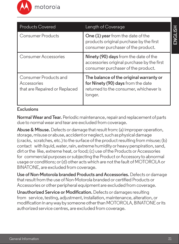 31ENGLISH General InformationProducts Covered Length of CoverageConsumer Products One (1) year from the date of theproducts original purchase by the first consumer purchaser of the product.Consumer Accessories Ninety (90) days from the date of theaccessories original purchase by the first consumer purchaser of the product.Consumer Products and Accessoriesthat are Repaired or ReplacedThe balance of the original warranty orfor Ninety (90) days from the date returned to the consumer, whichever is longer.ExclusionsNormal Wear and Tear. Periodic maintenance, repair and replacement of parts due to normal wear and tear are excluded from coverage.                        Abuse &amp; Misuse. Defects or damage that result from: (a) improper operation, storage, misuse or abuse, accident or neglect, such as physical damage (cracks, scratches, etc.) to the surface of the product resulting from misuse; (b) contact with liquid, water, rain, extreme humidity or heavy perspiration, sand, dirt or the like, extreme heat, or food; (c) use of the Products or Accessories for commercial purposes or subjecting the Product or Accessory to abnormal usage or conditions; or (d) other acts which are not the fault of MOTOROLA or BINATONE, are excluded from coverage.Use of Non-Motorola branded Products and Accessories. Defects or damage that result from the use of Non-Motorola branded or certied Products or Accessories or other peripheral equipment are excluded from coverage.UnauthorizedServiceorModication.Defects or damages resulting from service, testing, adjustment, installation, maintenance, alteration, or modication in any way by someone other than MOTOROLA, BINATONE or its authorized service centres, are excluded from coverage.